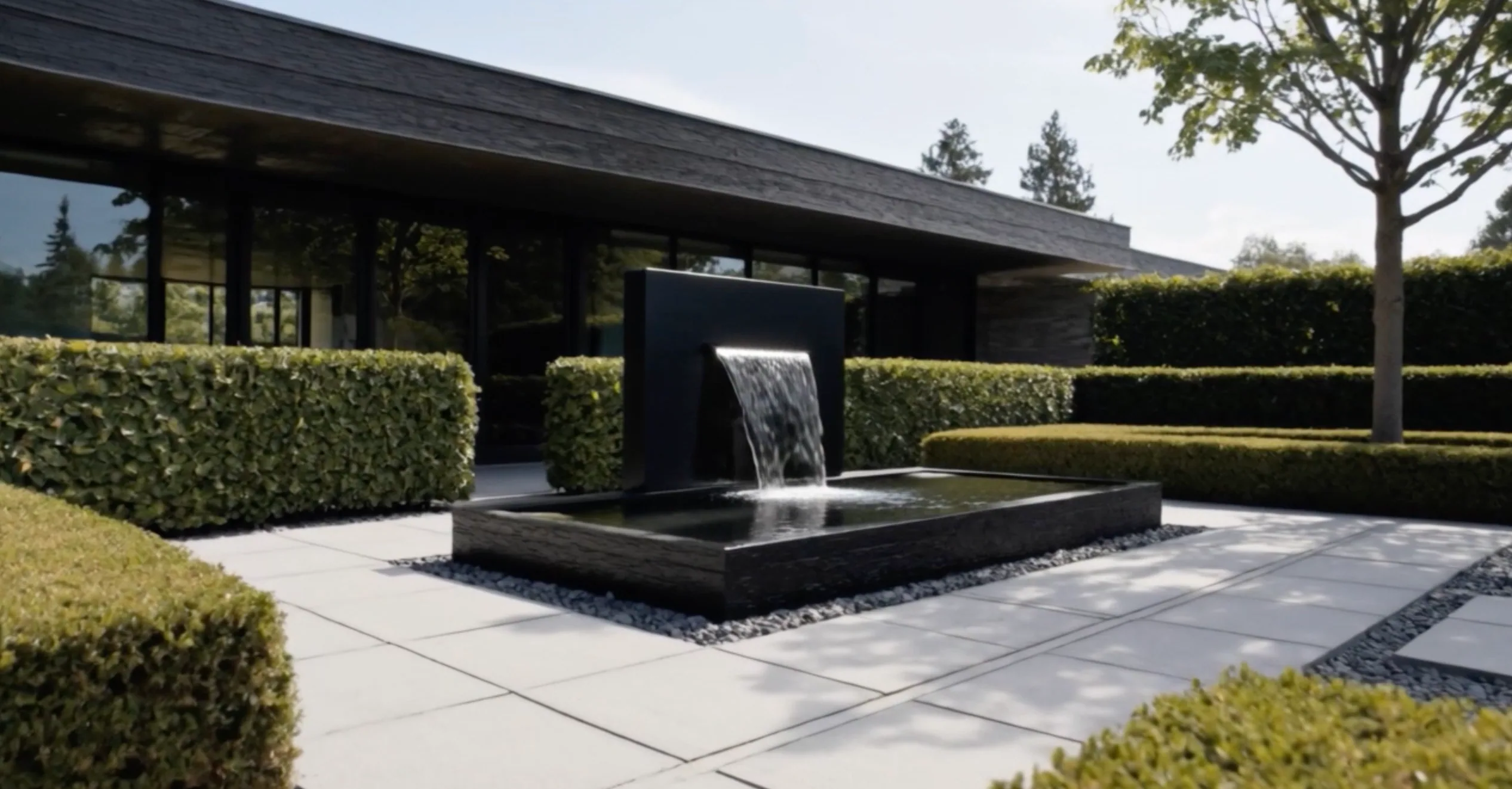 Mur d'eau Léandre en aluminium noir dans une cour dallée, vue large avec haies de buis et maison contemporaine