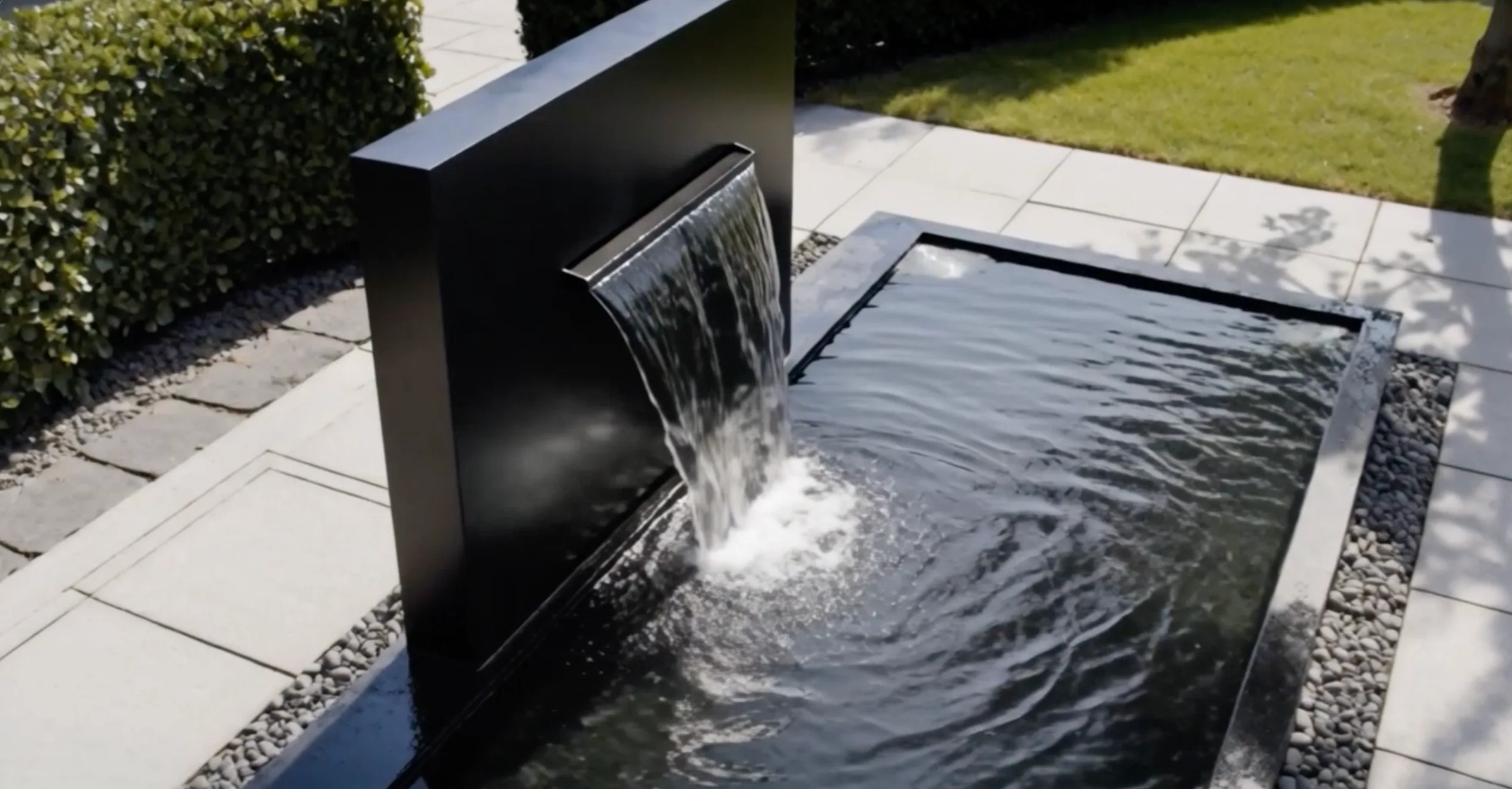 Mur d'eau Léandre en aluminium noir vu en plongée, lame d'eau dans un long bassin entre dallage et pelouse