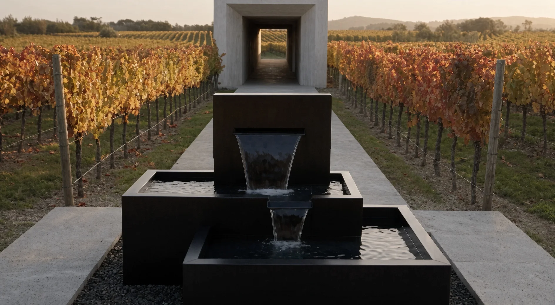 Fontaine cascade Nereida en aluminium noir vue de face dans l'axe d'une allée de vignes, portique blanc au fond