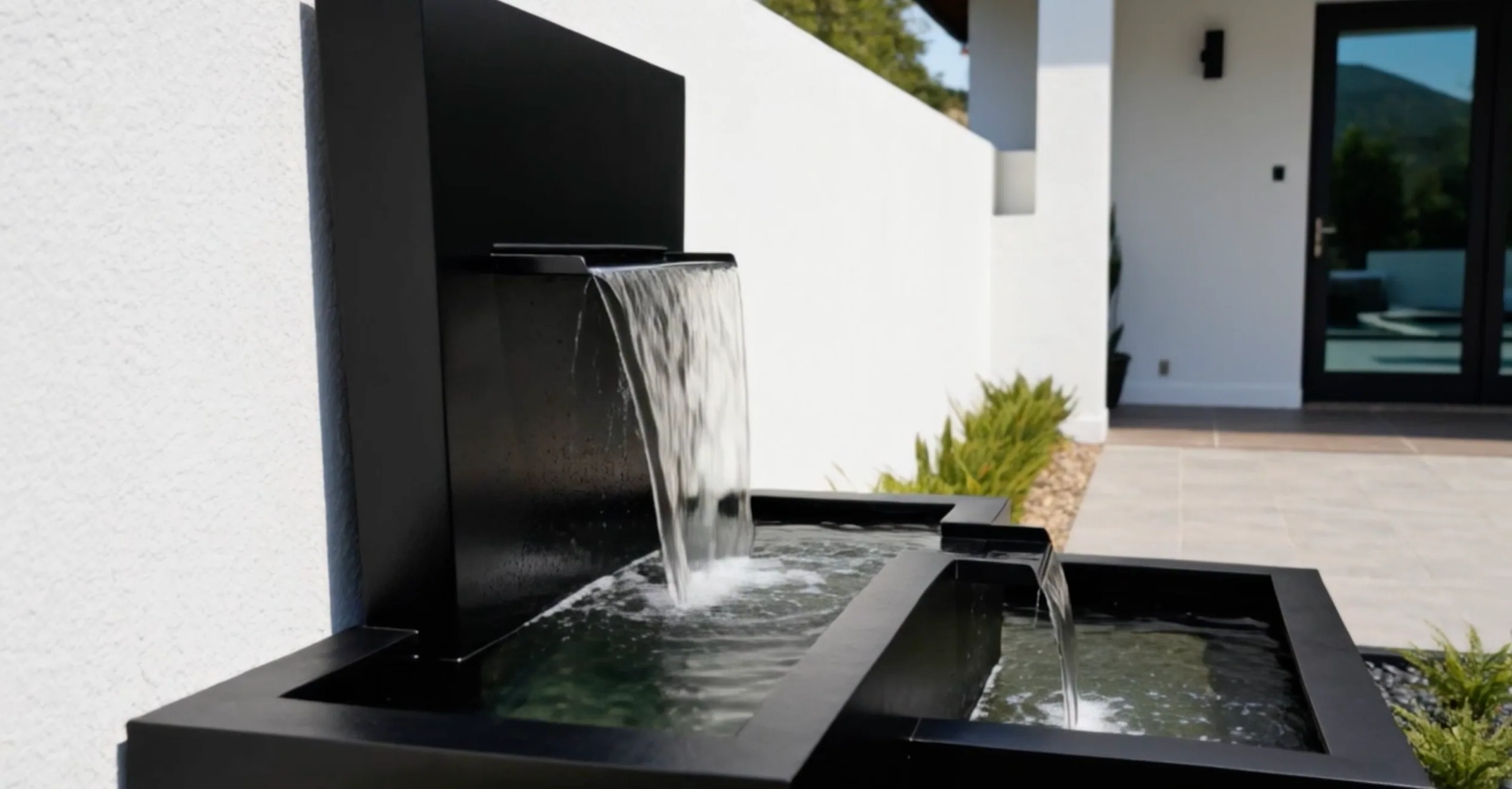 Kaskadenbrunnen Nereida aus schwarz pulverbeschichtetem Aluminium, das Wasser fällt als Schleier von einem Becken ins andere, vor einer weißen Mauer