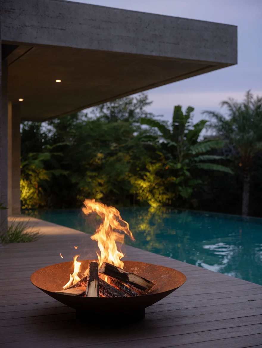 Feuerschale Vesta aus Cortenstahl mit brennendem Feuer unter einem Betonvordach, nahe einem Pool in der Dämmerung