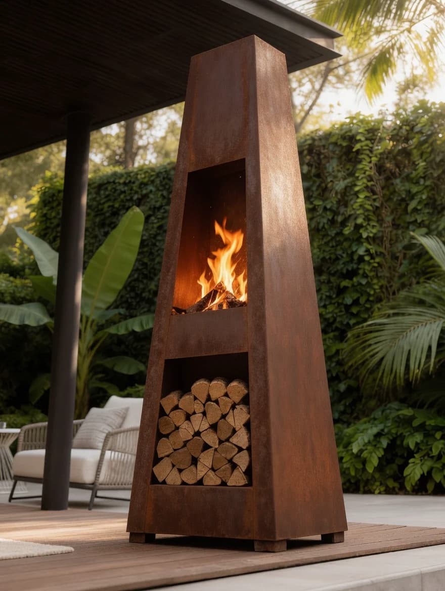 Prométhée outdoor fireplace in Corten steel, wood fire lit and logs stacked in its base, on a tropical terrace