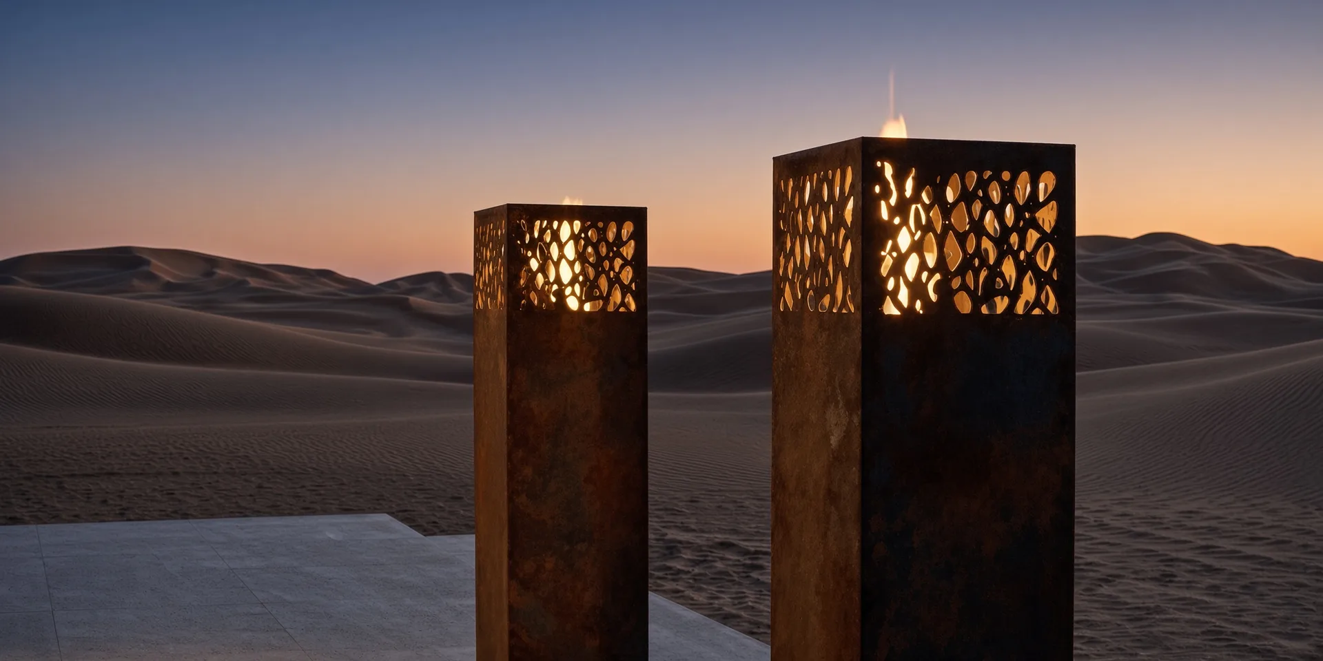 Deux lanternes Vesper en acier Corten allumées, vue rapprochée sur des dunes au coucher du soleil