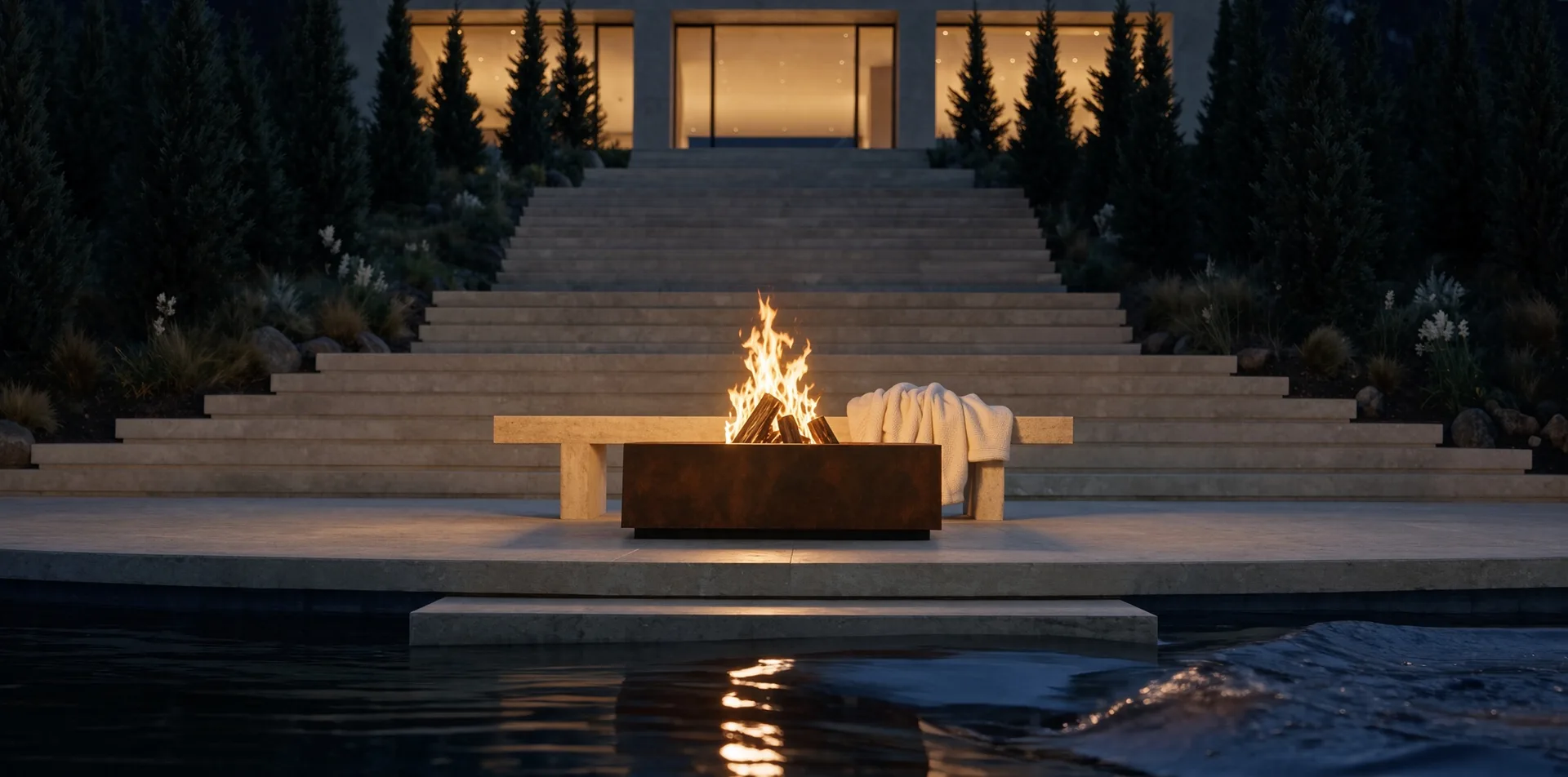 Table de feu Héphaïstos en acier Corten allumée de nuit au bord d'un bassin, au pied d'un escalier de jardin