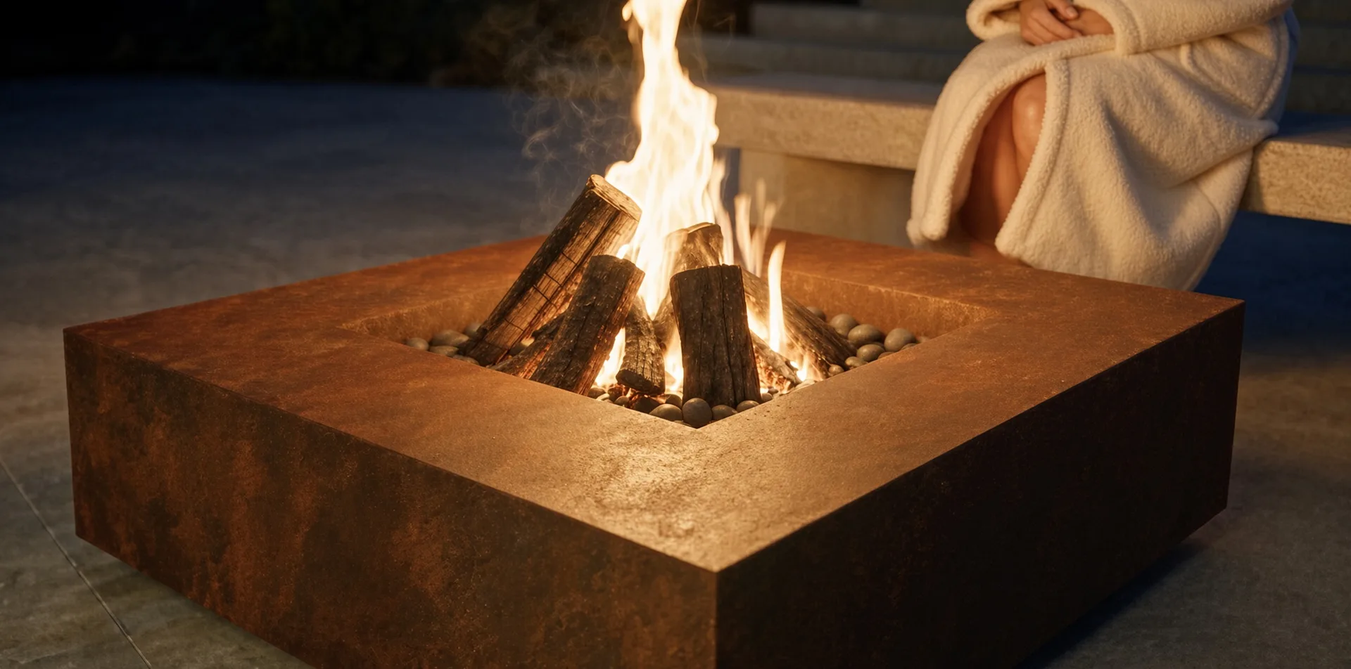 Table de feu Héphaïstos en acier Corten allumée de nuit, vue rapprochée de trois quarts, personne en peignoir à côté