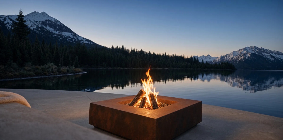 Feuertisch Héphaïstos aus Cortenstahl mit brennendem Feuer an einem Bergsee in der Dämmerung