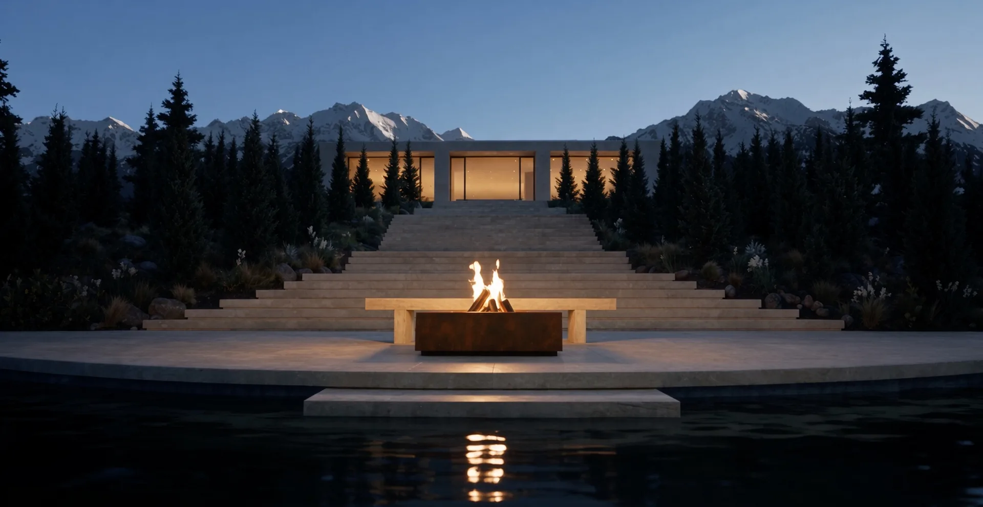 Table de feu Héphaïstos en acier Corten allumée au bord d'un bassin, au pied d'un grand escalier, montagnes en fond