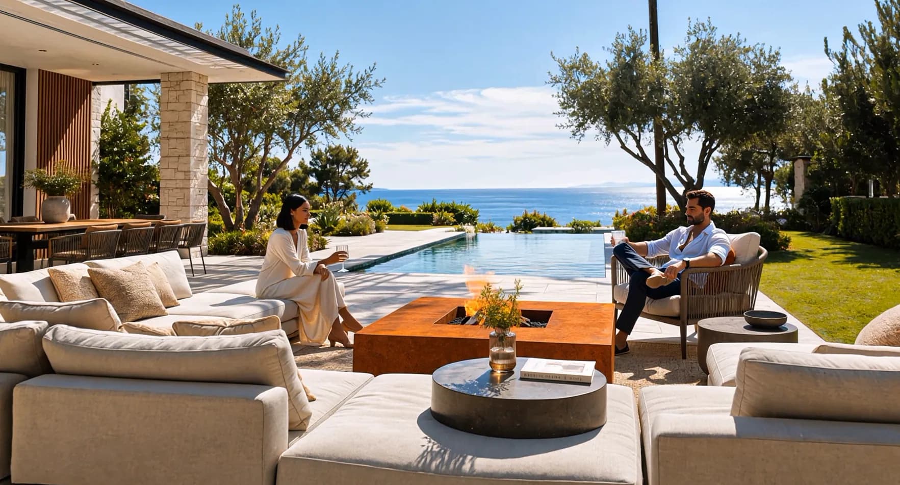 Bålbordet Héphaïstos i cortenstål midt i en udendørs lounge, to personer siddende ud mod en infinity-pool