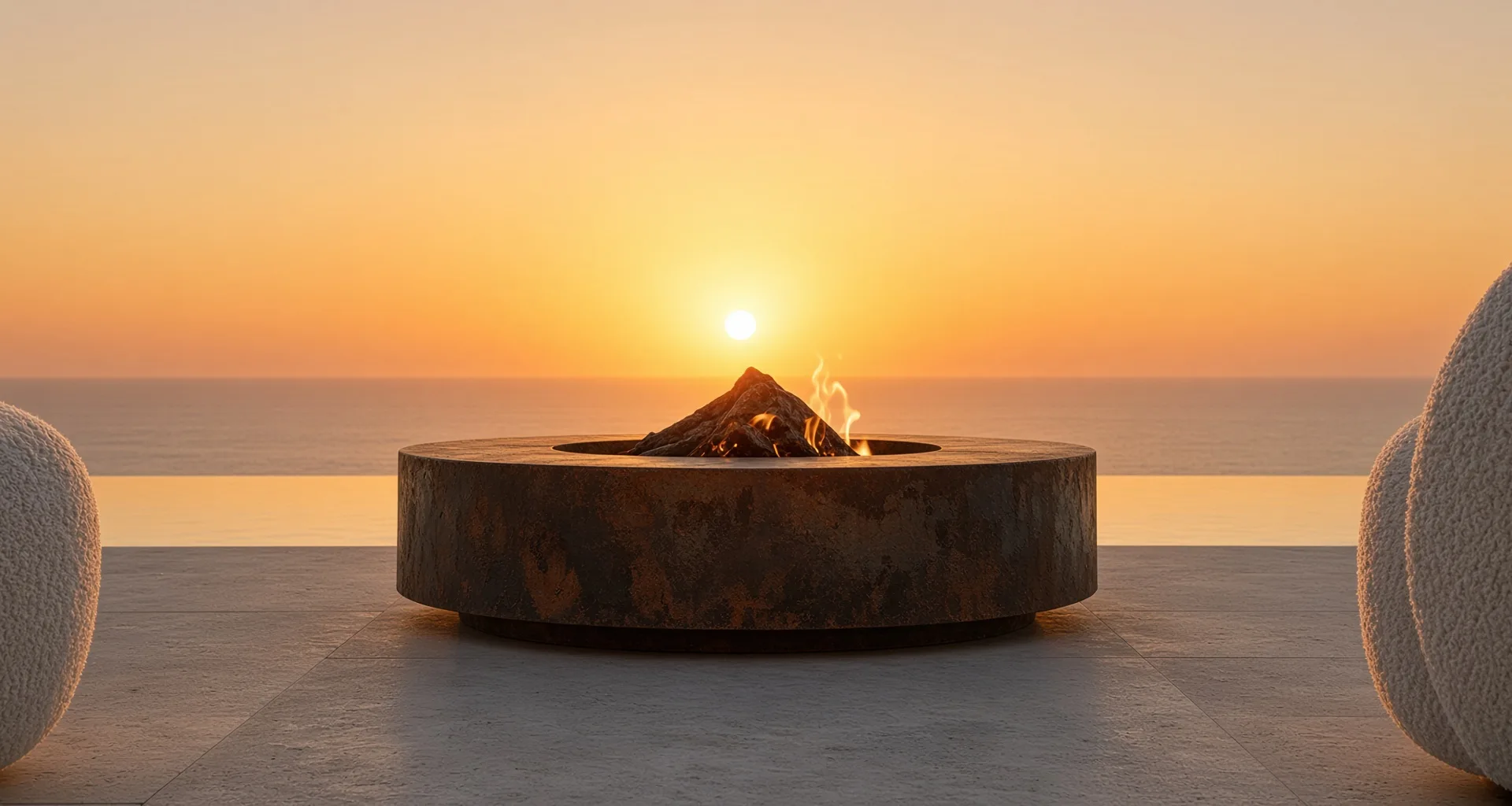 Table de feu Hélios en acier Corten allumée sur une terrasse face à la mer, au coucher du soleil