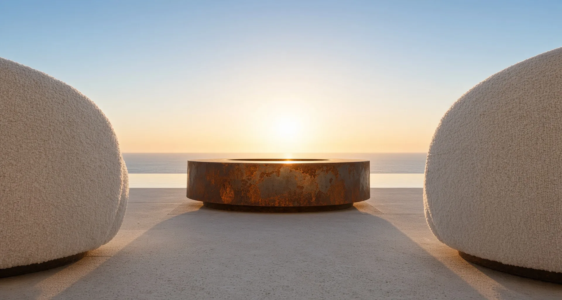 Table de feu Hélios en acier Corten entre deux fauteuils blancs, face à la mer à contre-jour
