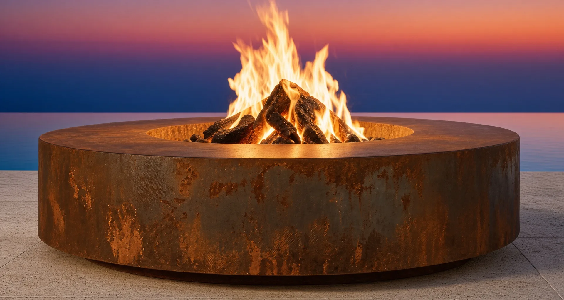 Table de feu Hélios en acier Corten aux hautes flammes face à la mer au crépuscule, vue rapprochée sur la patine