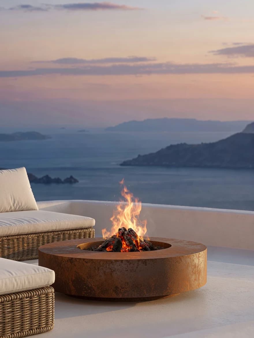 Runder Feuertisch Hélios aus Cortenstahl, entzündet, auf einer weißen Terrasse hoch über dem Meer, bei Sonnenuntergang