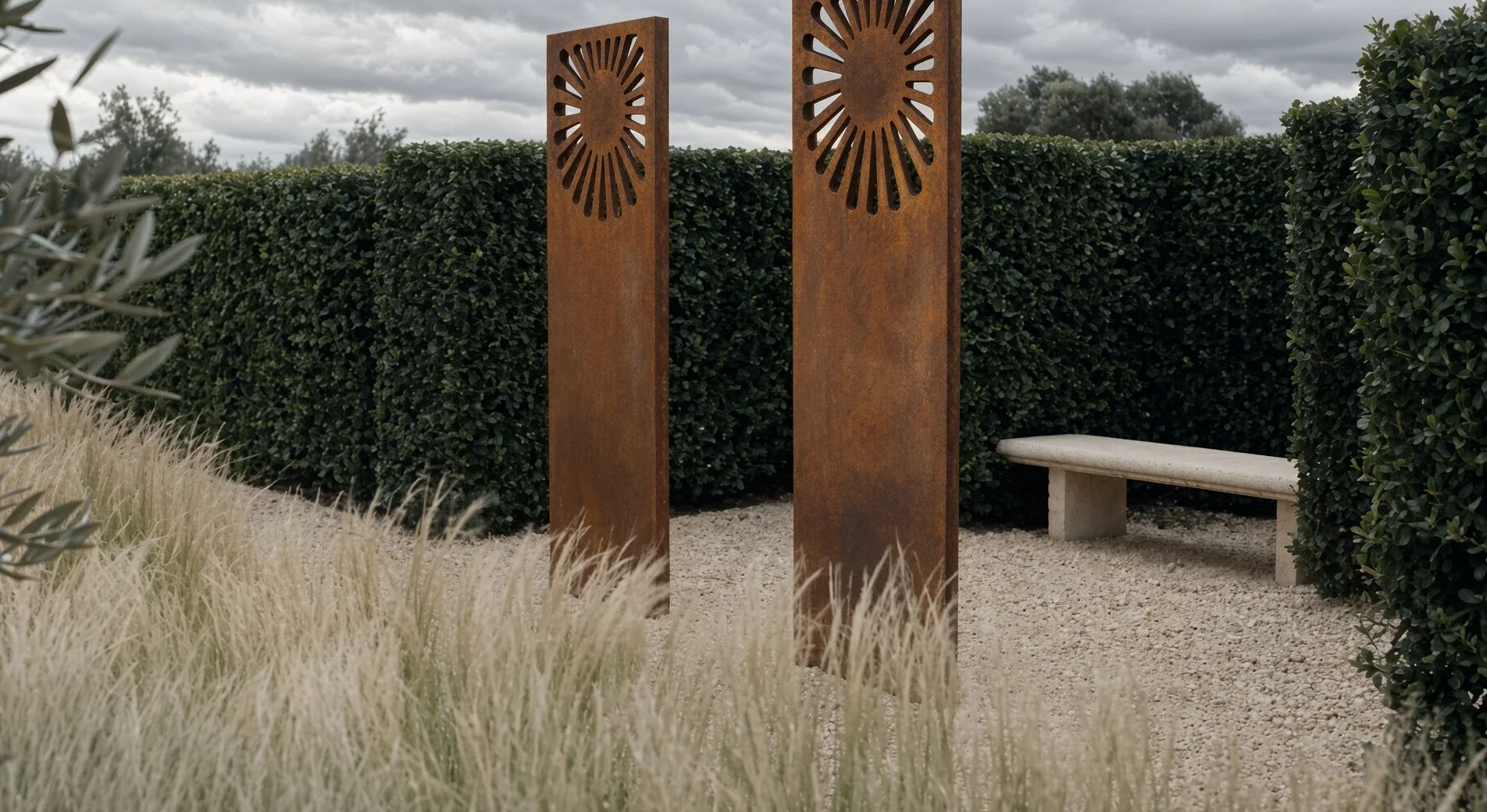 Panneaux décoratifs Éole en acier Corten sur gravier, entre des haies et un banc en pierre, vue de trois quarts