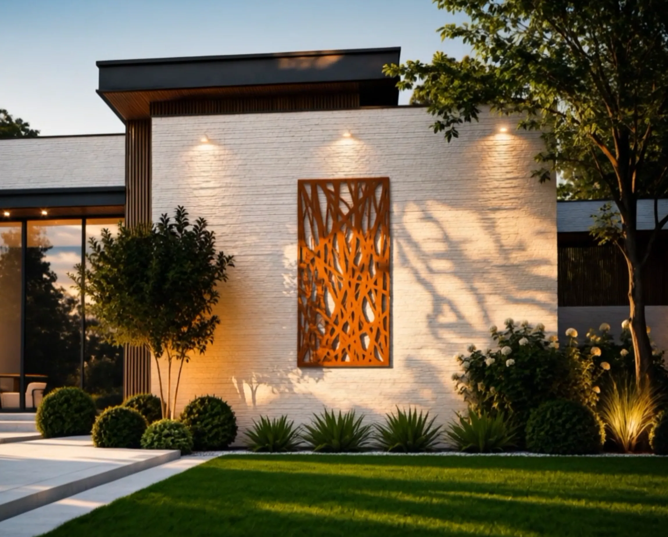 Panneau décoratif Euros en acier Corten sur la façade blanche d'une maison moderne au crépuscule, pelouse au premier plan