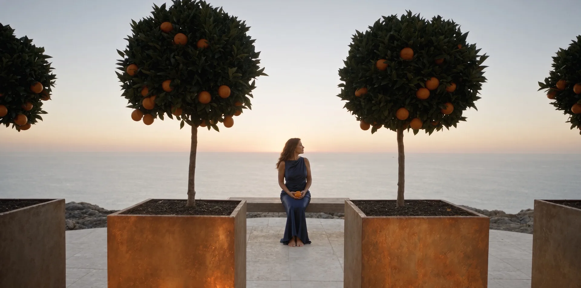 Jardinières carrées Cybèle en acier Corten plantées d'orangers en bord de mer, une femme assise sur un banc entre elles