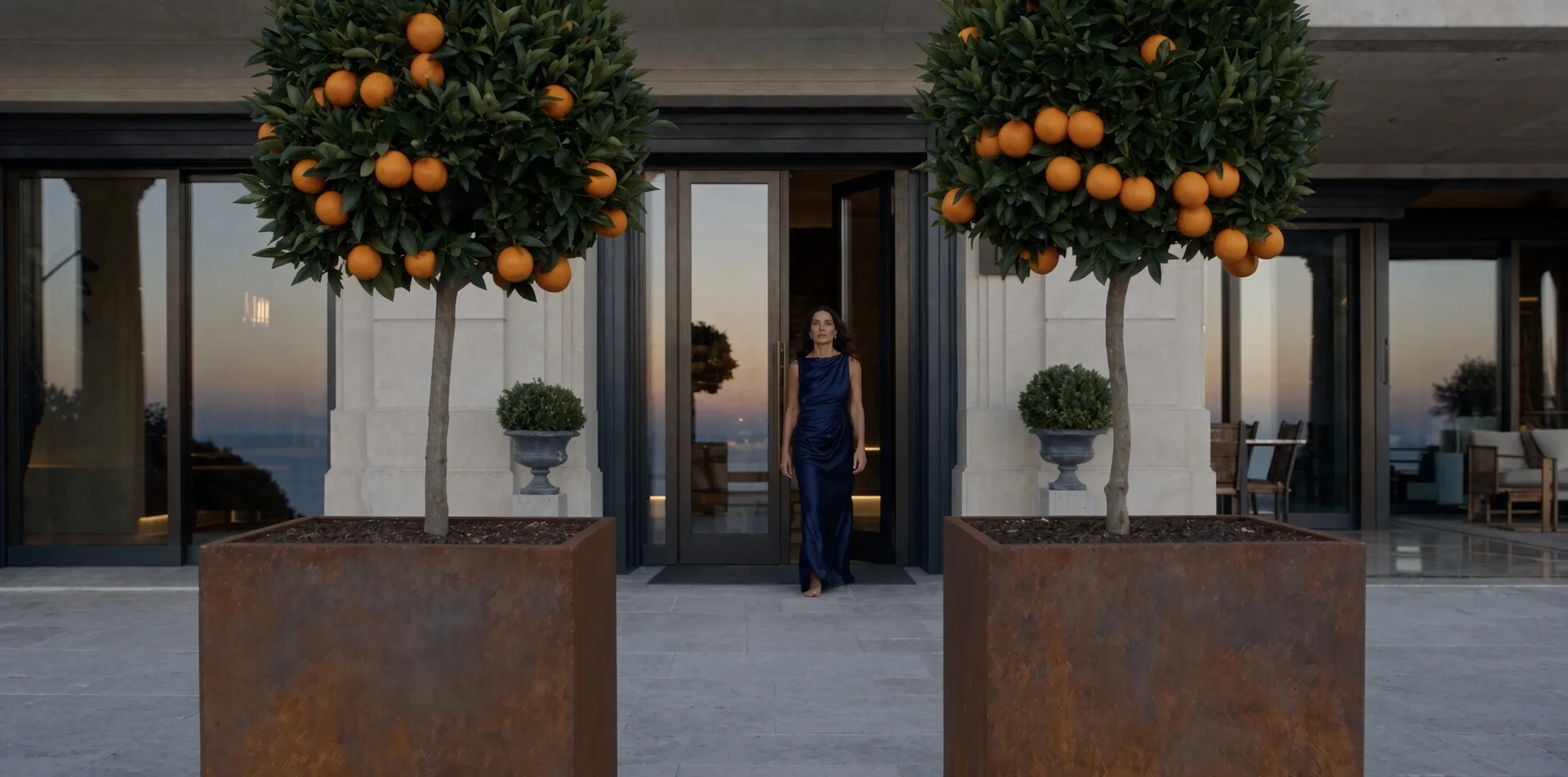Deux jardinières carrées Cybèle en acier Corten plantées d'orangers devant une façade vitrée, une femme sur le seuil