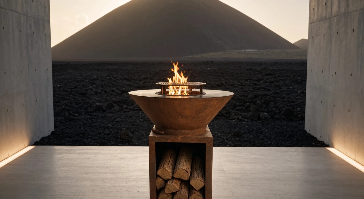 Barbecue Vulcain en acier Corten allumé entre deux murs de béton, face à un paysage volcanique au crépuscule
