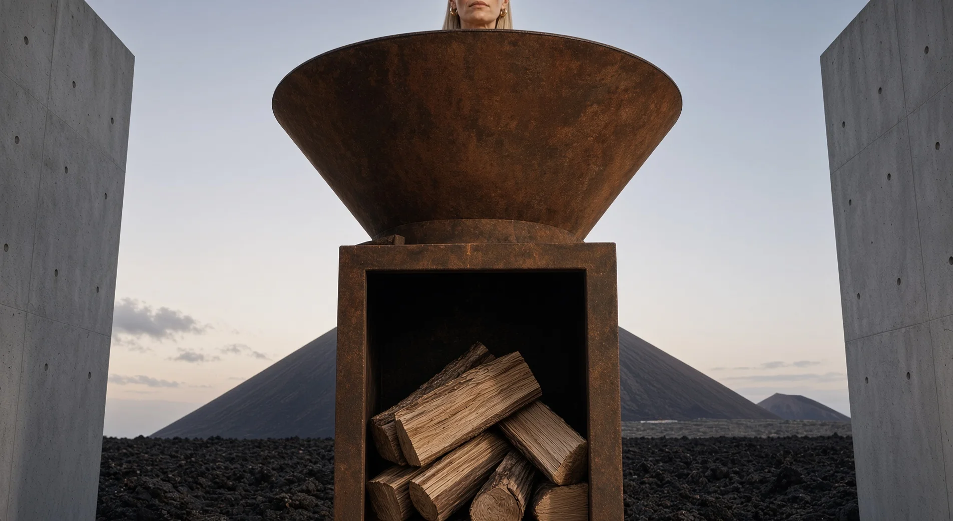 Barbecue Vulcain en acier Corten en contre-plongée, socle garni de bûches, cône volcanique au loin