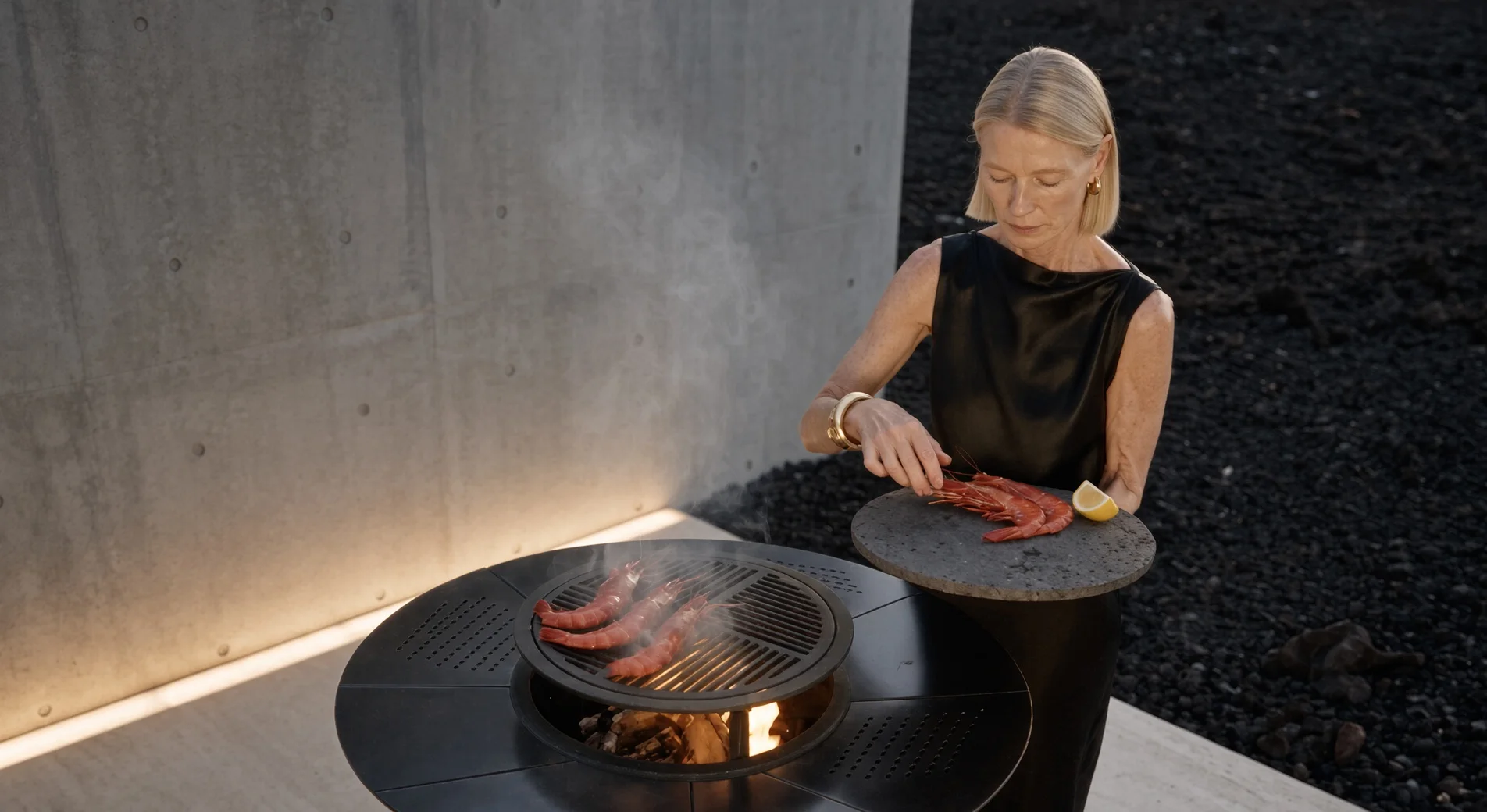 Une femme grillant des gambas sur le barbecue Vulcain en acier Corten, près d'un mur en béton