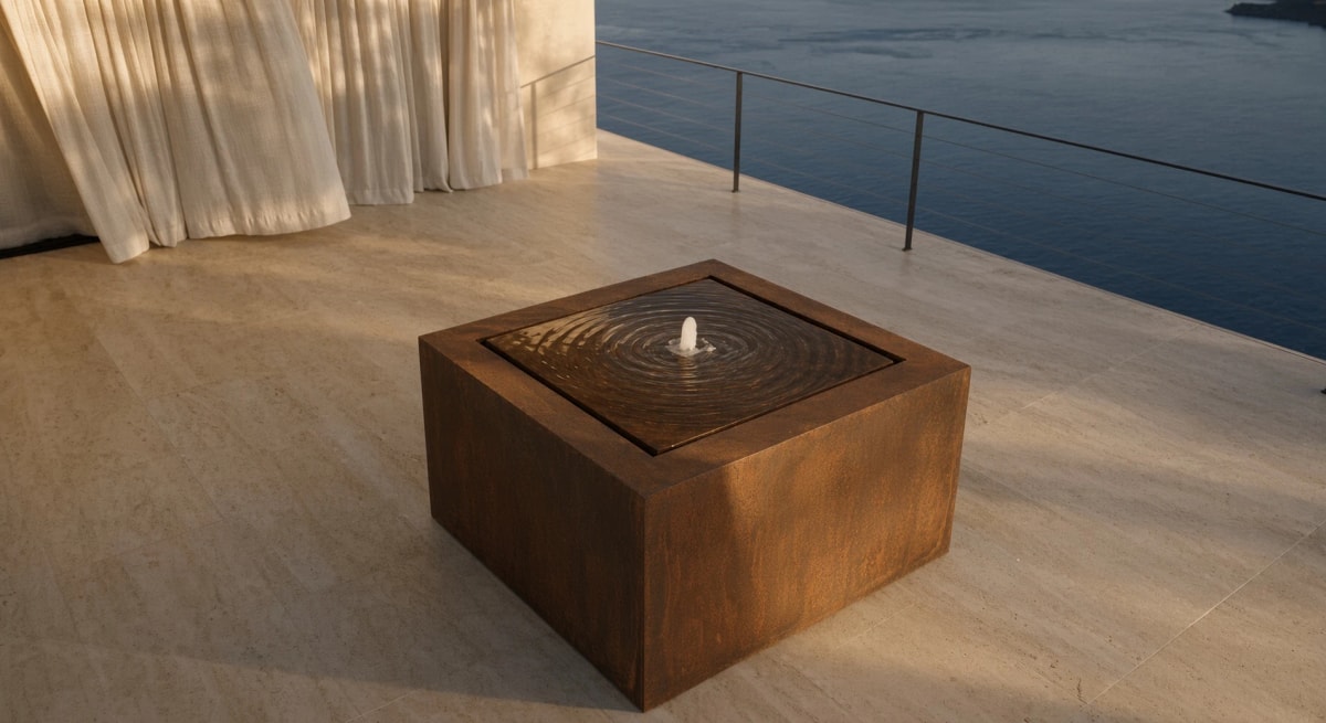Quadratischer Gartenbrunnen Alban aus Cortenstahl auf einer Steinterrasse über dem Meer, Gardinen links