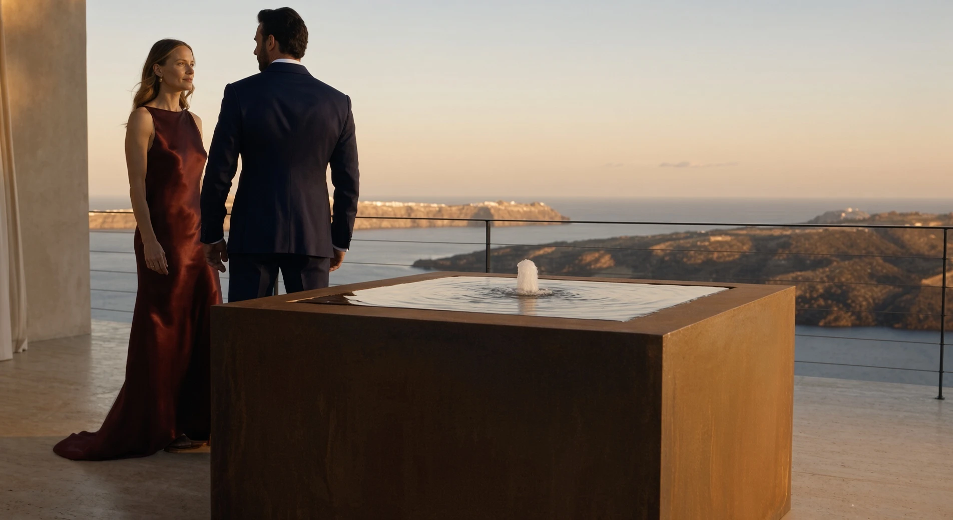 Fontaine carrée Alban en acier Corten, un couple en tenue de soirée sur une terrasse dominant la côte