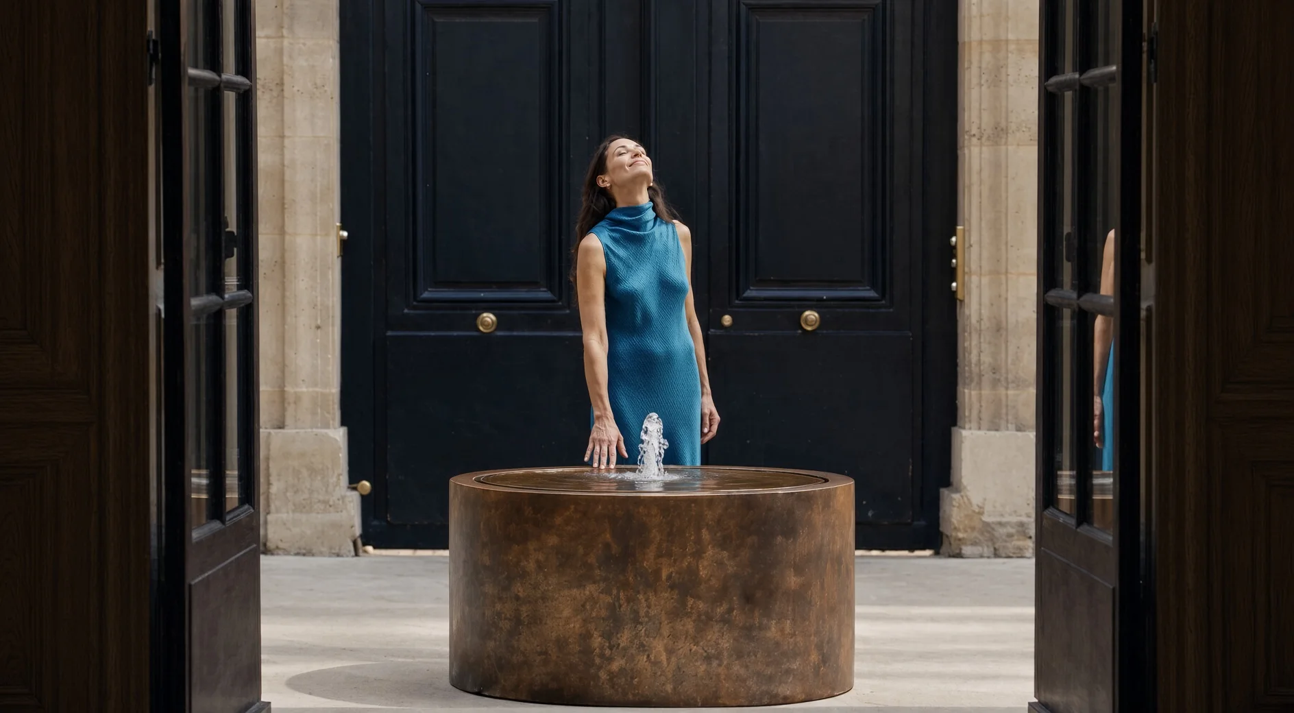 Fontaine ronde Elio en acier Corten devant une porte noire, une femme en robe bleue debout derrière
