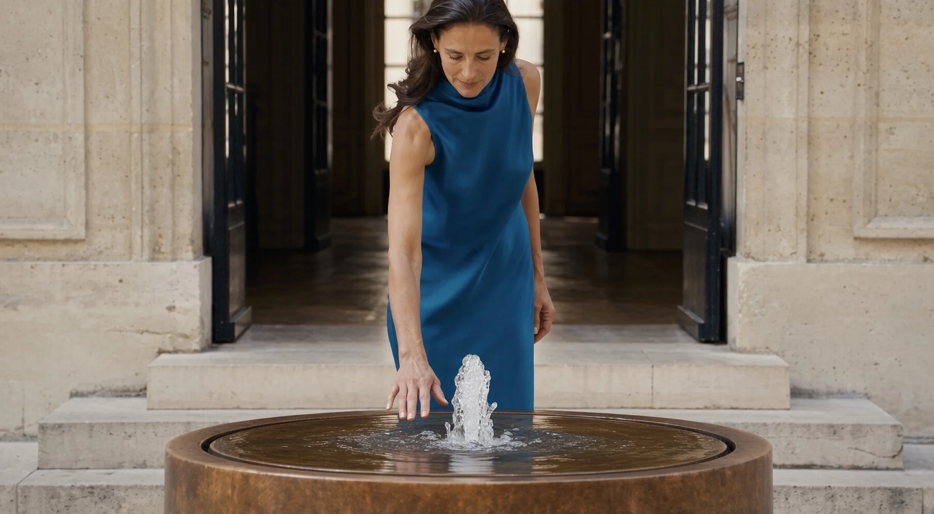 Fontaine ronde Elio en acier Corten, une femme en robe bleue touchant le jet devant une entrée en pierre