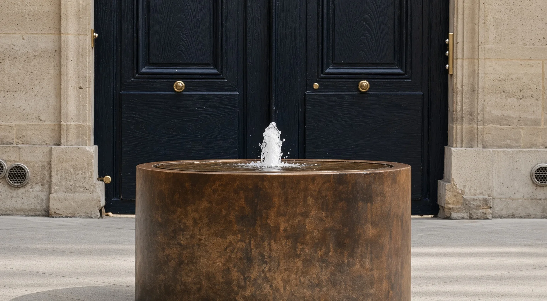 Fontaine ronde Elio en acier Corten vue de face devant la porte noire d'une façade en pierre de taille