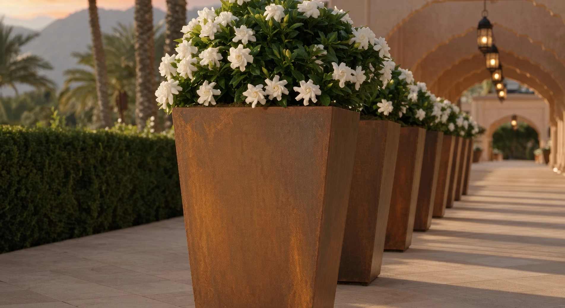 Pots de fleurs carrés évasés Daphné en acier Corten fleuris de blanc, alignés vers le fond d'une galerie à arcades