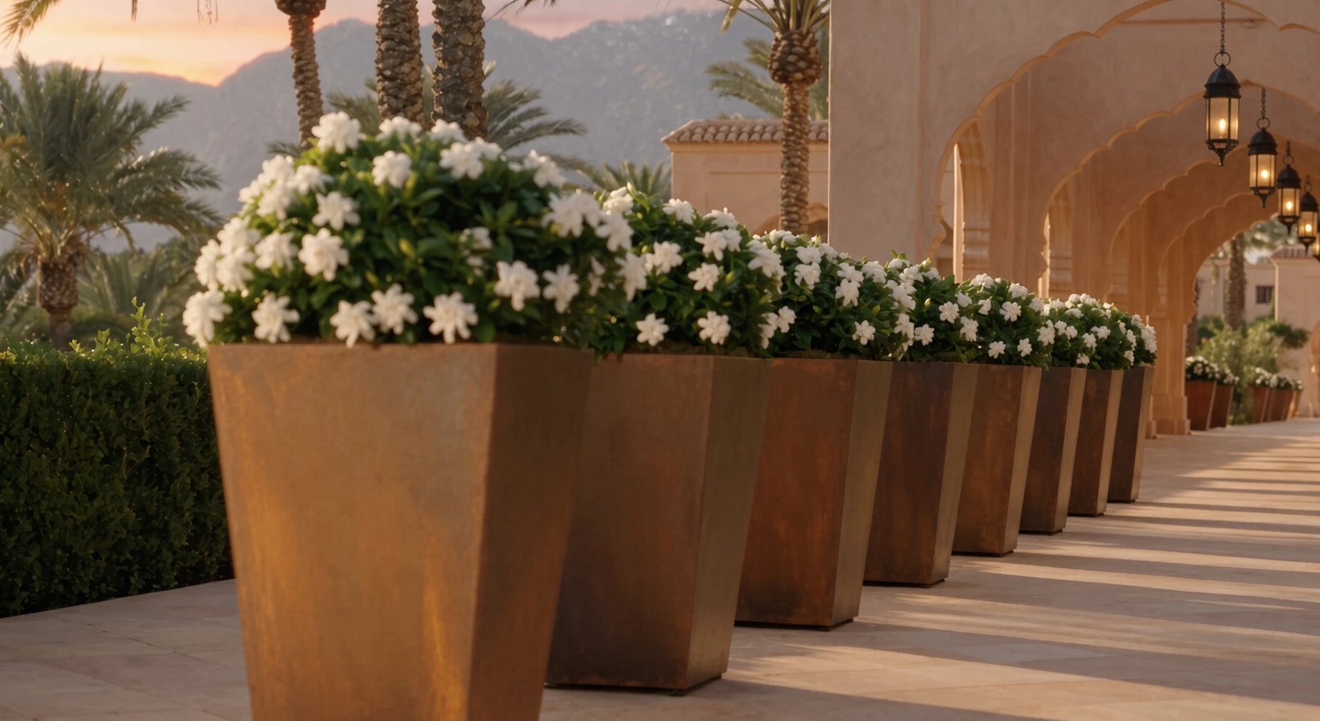 Rangée de pots de fleurs carrés évasés Daphné en acier Corten fleuris de blanc, palmiers et arcades au couchant