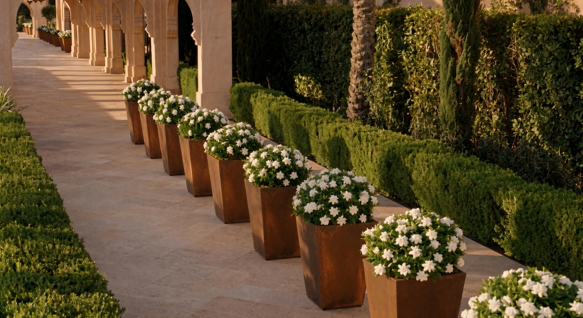 Longue allée bordée de pots de fleurs carrés évasés Daphné en acier Corten fleuris de blanc, entre deux haies basses