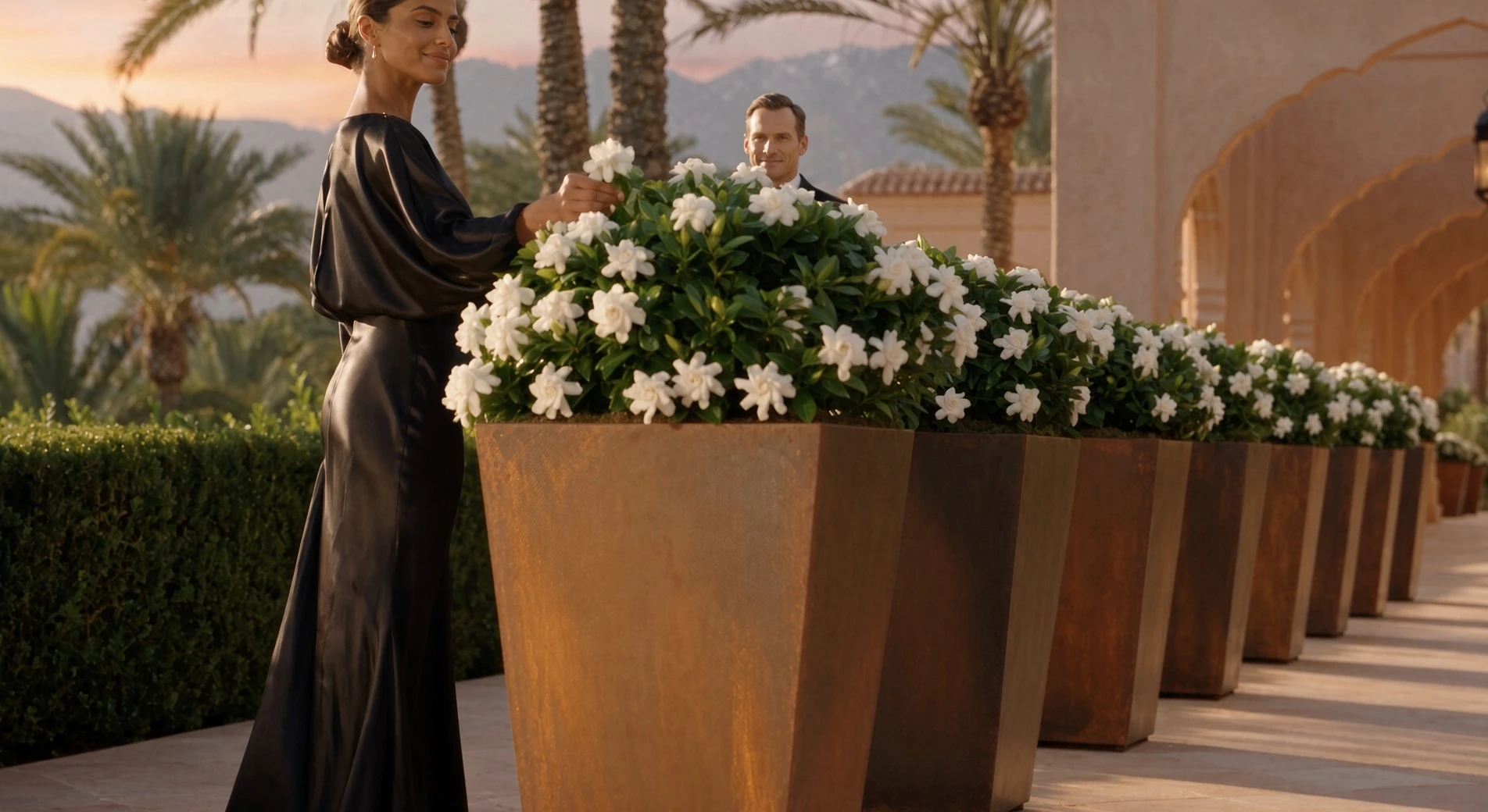 Pots de fleurs carrés évasés Daphné en acier Corten en rangée, une femme soigne les fleurs blanches du premier pot