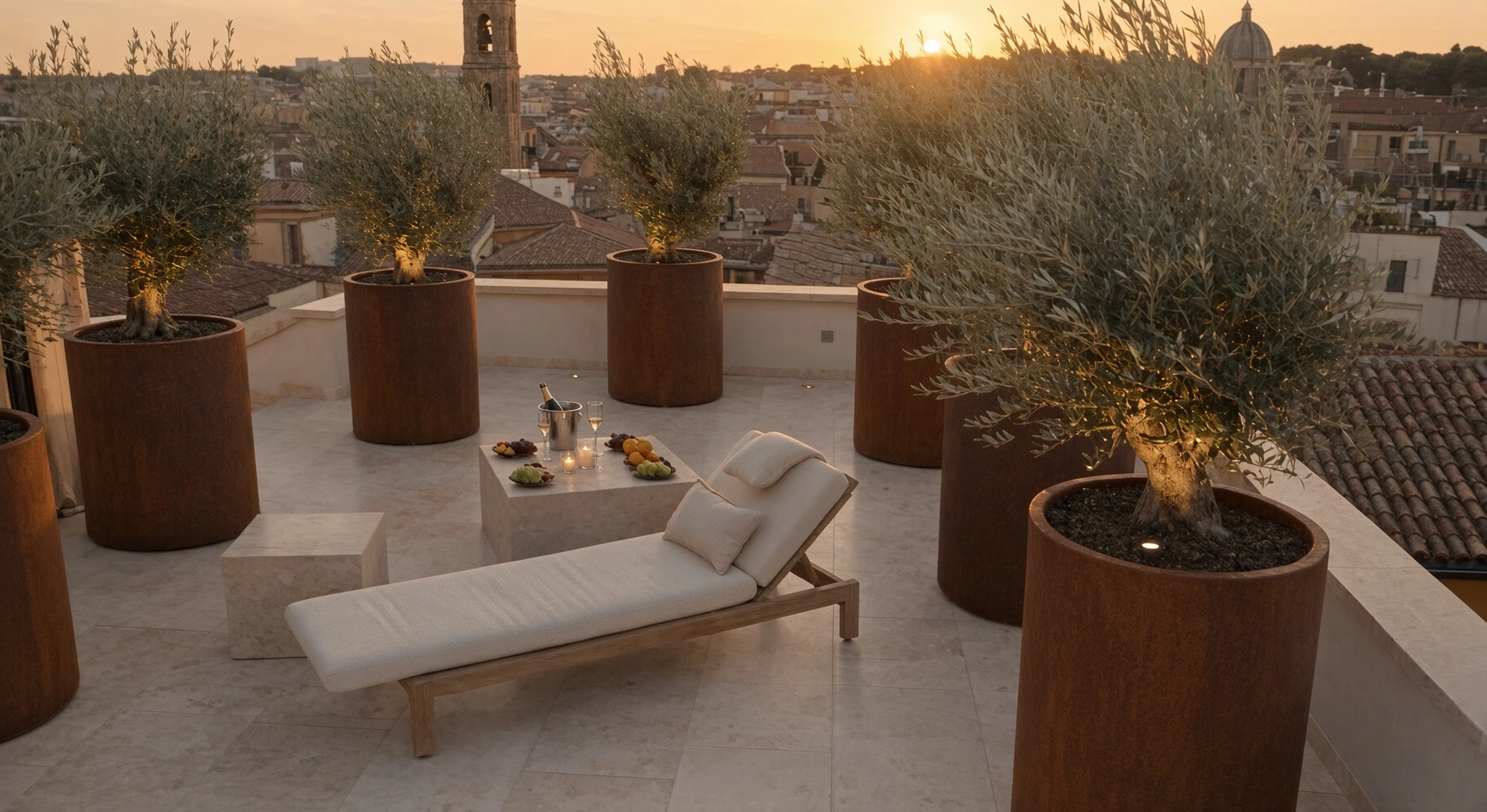 Pots de fleurs ronds Callisto en acier Corten plantés d'oliviers éclairés, sur un toit-terrasse au coucher du soleil