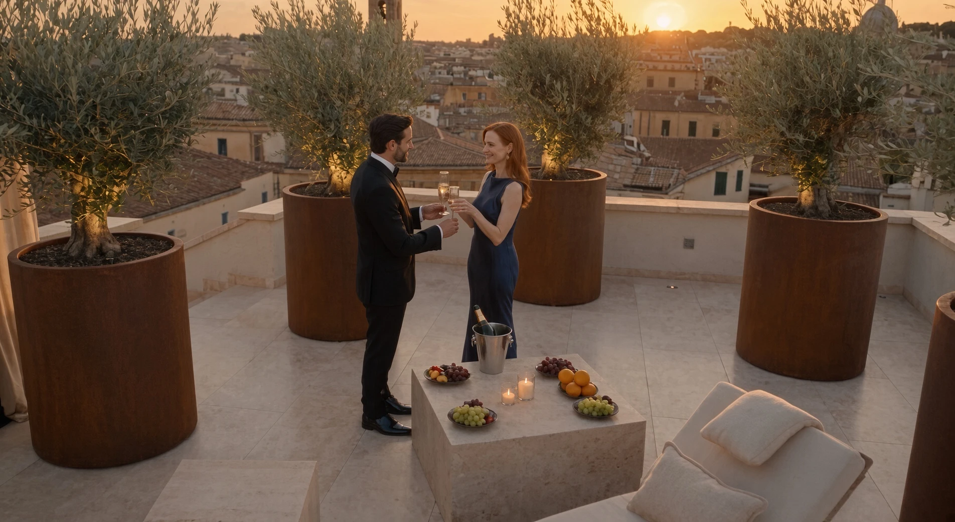 Pots de fleurs ronds Callisto en acier Corten aux oliviers autour d'un couple qui trinque sur un toit-terrasse