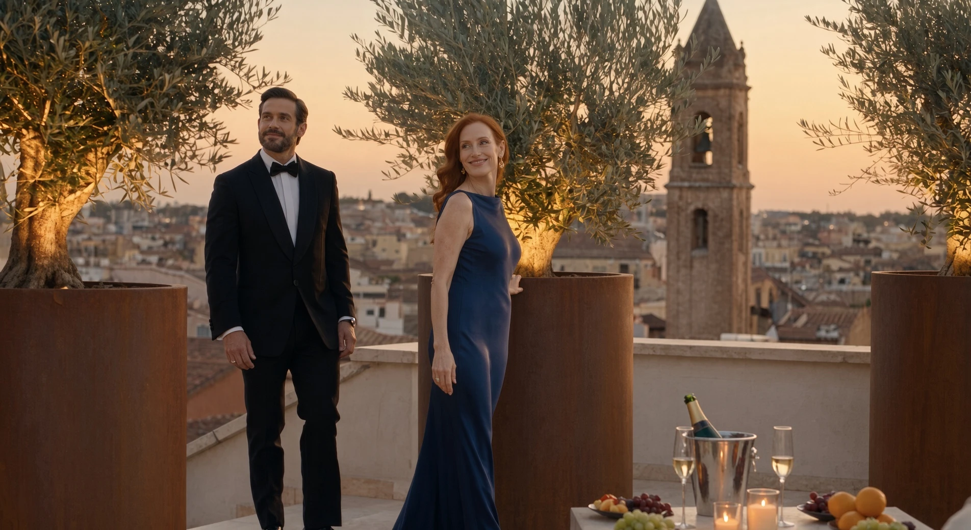 Pots de fleurs ronds Callisto en acier Corten aux oliviers encadrant un couple en tenue de soirée, clocher au loin