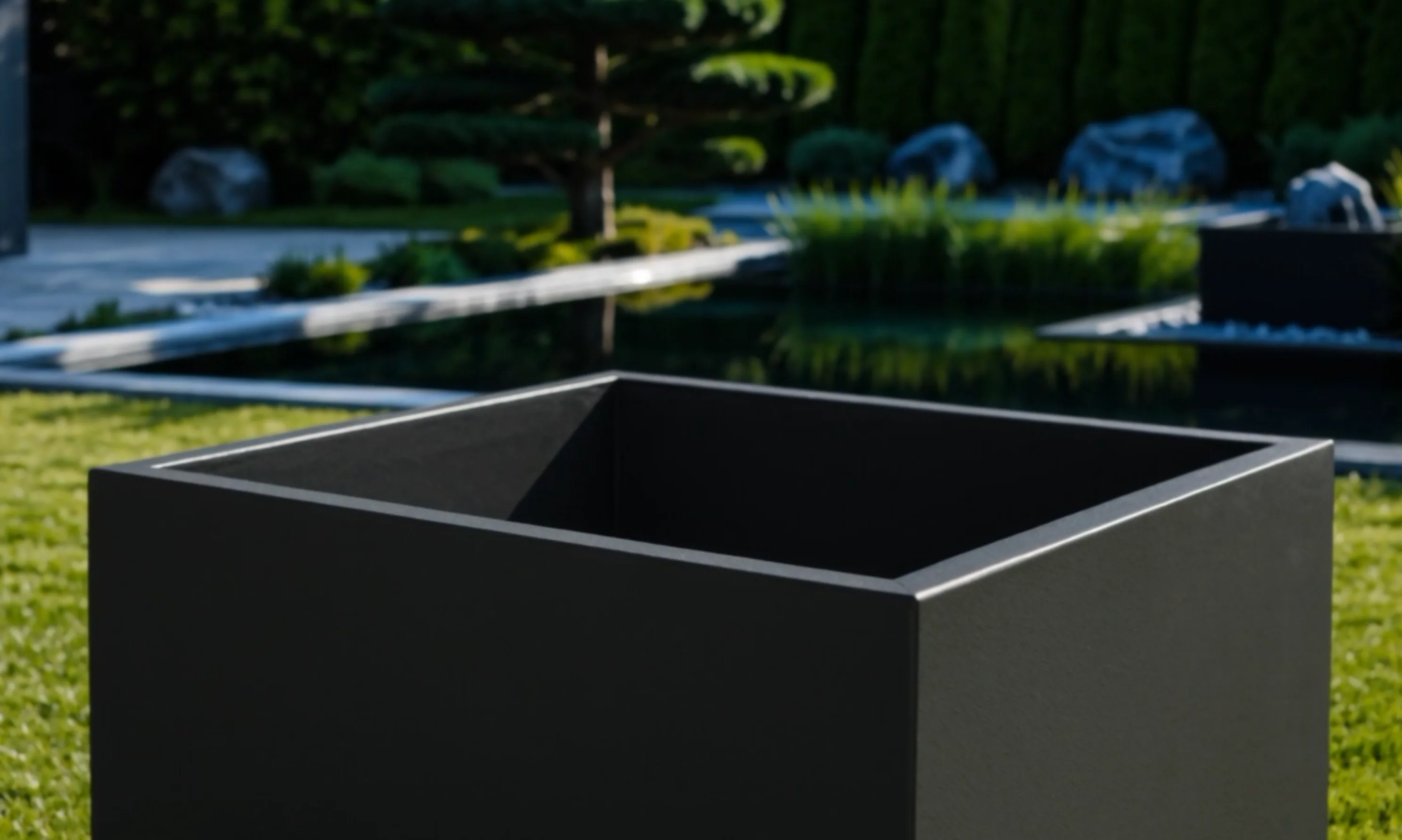 Bac à plantes sans fond Rhéa en aluminium noir sur une pelouse, devant un jardin paysager avec rochers et bassin