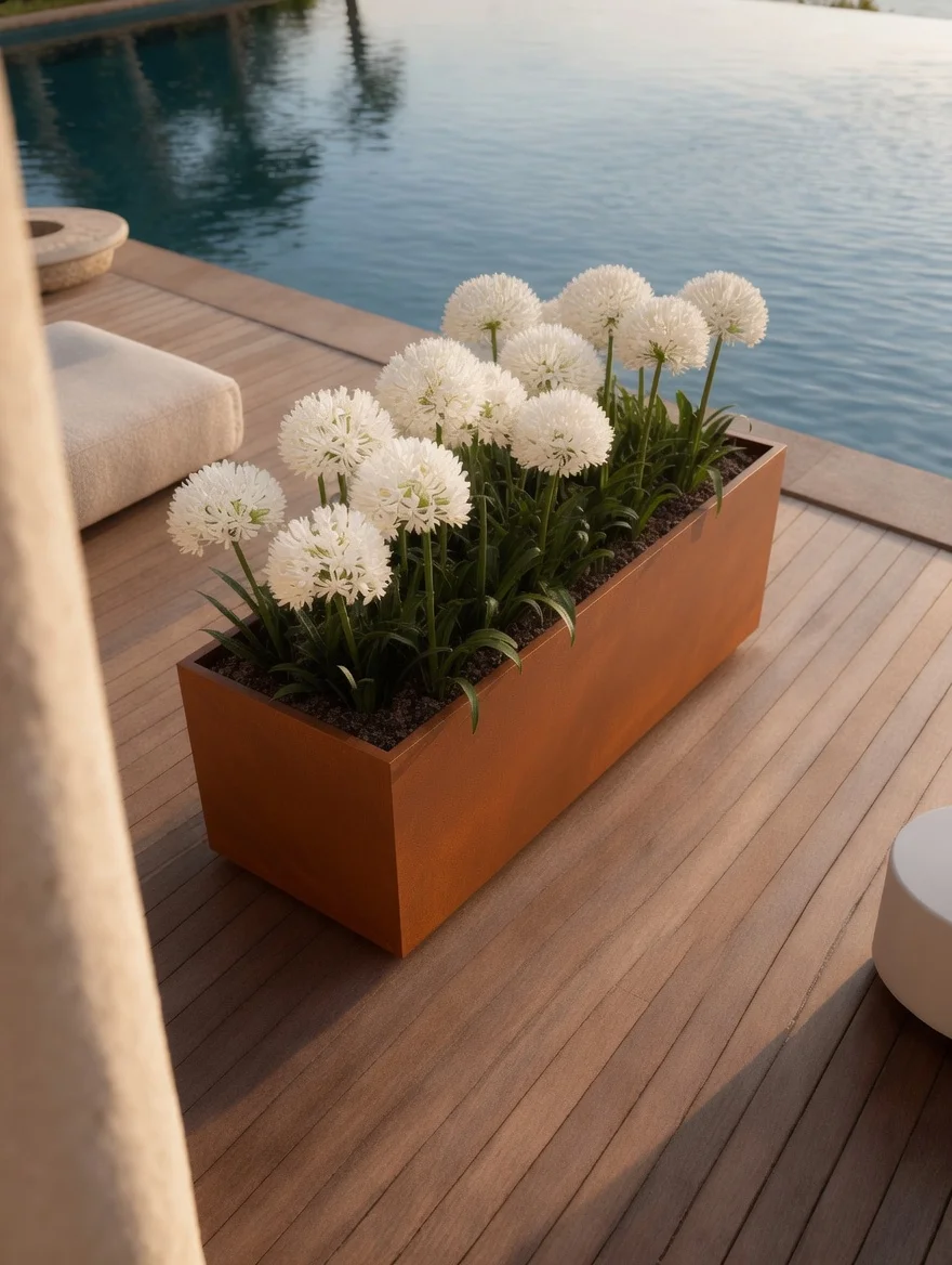 Jardinière rectangulaire Déméter en acier Corten 1,5 mm vue en plongée sur un deck au bord d'une piscine