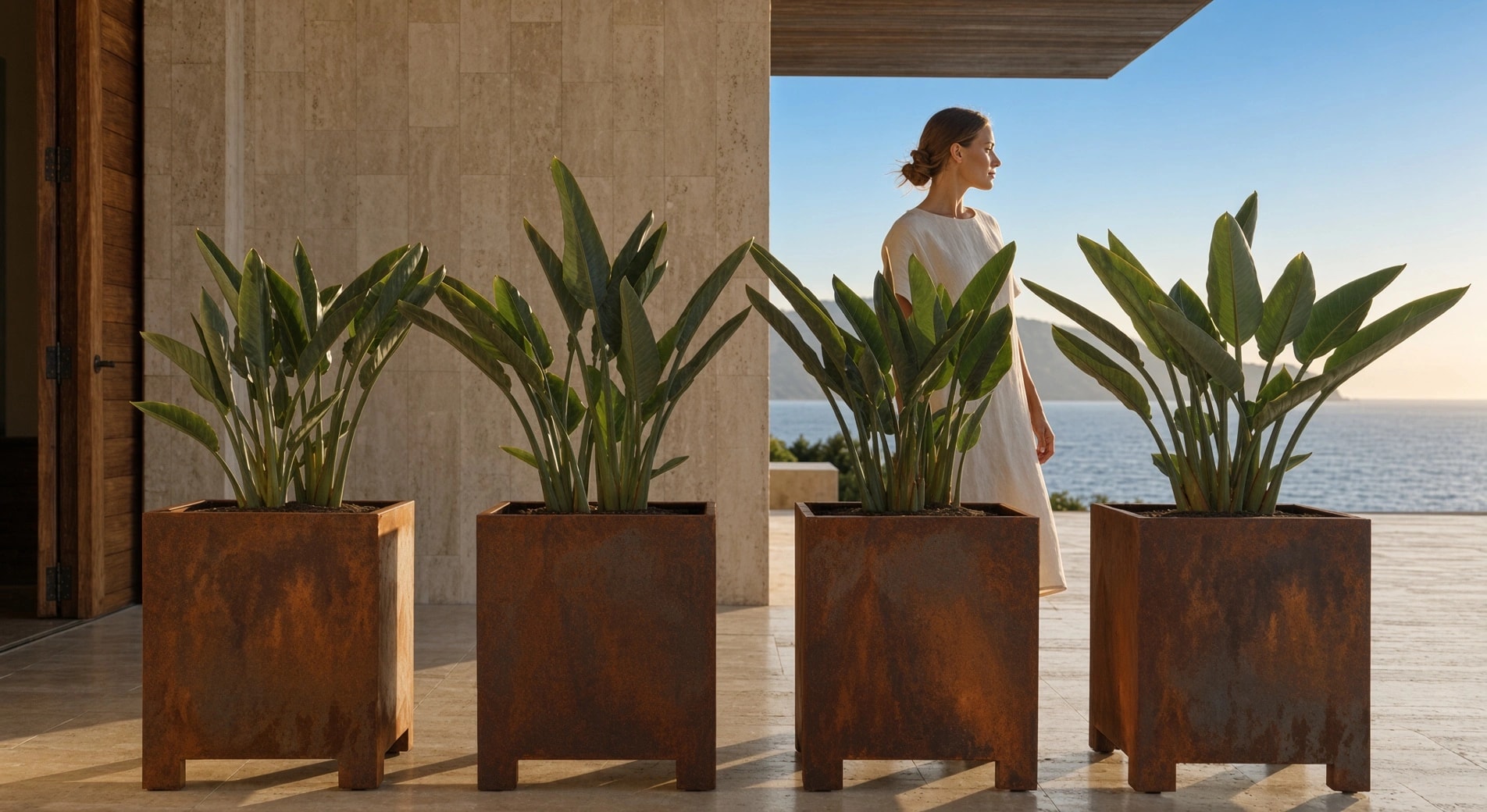 Quatre jardinières carrées Thalie en acier Corten sur pieds face à la mer, une femme debout derrière elles
