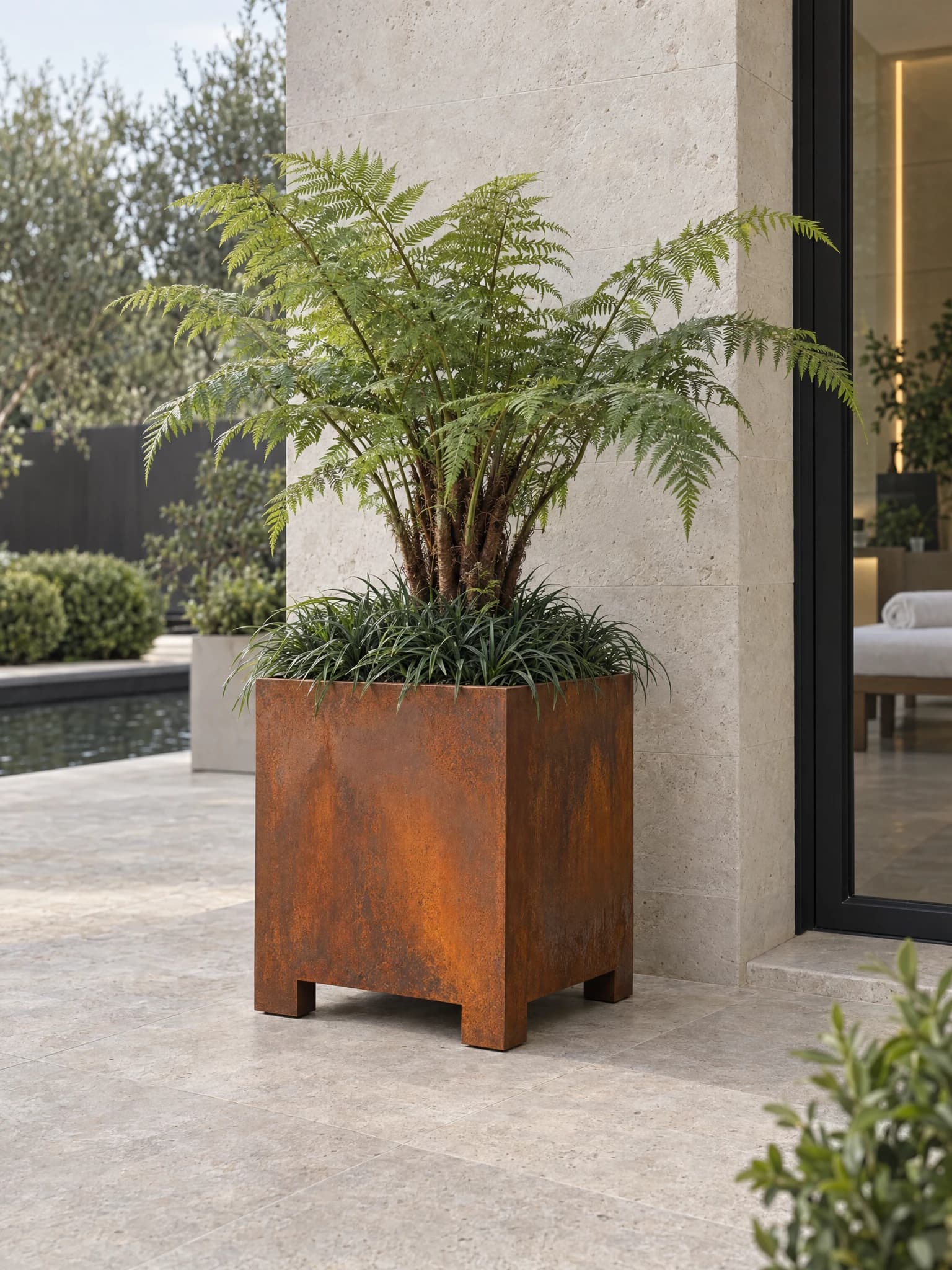 Thalie · Jardinière sur pieds en acier Corten, finition