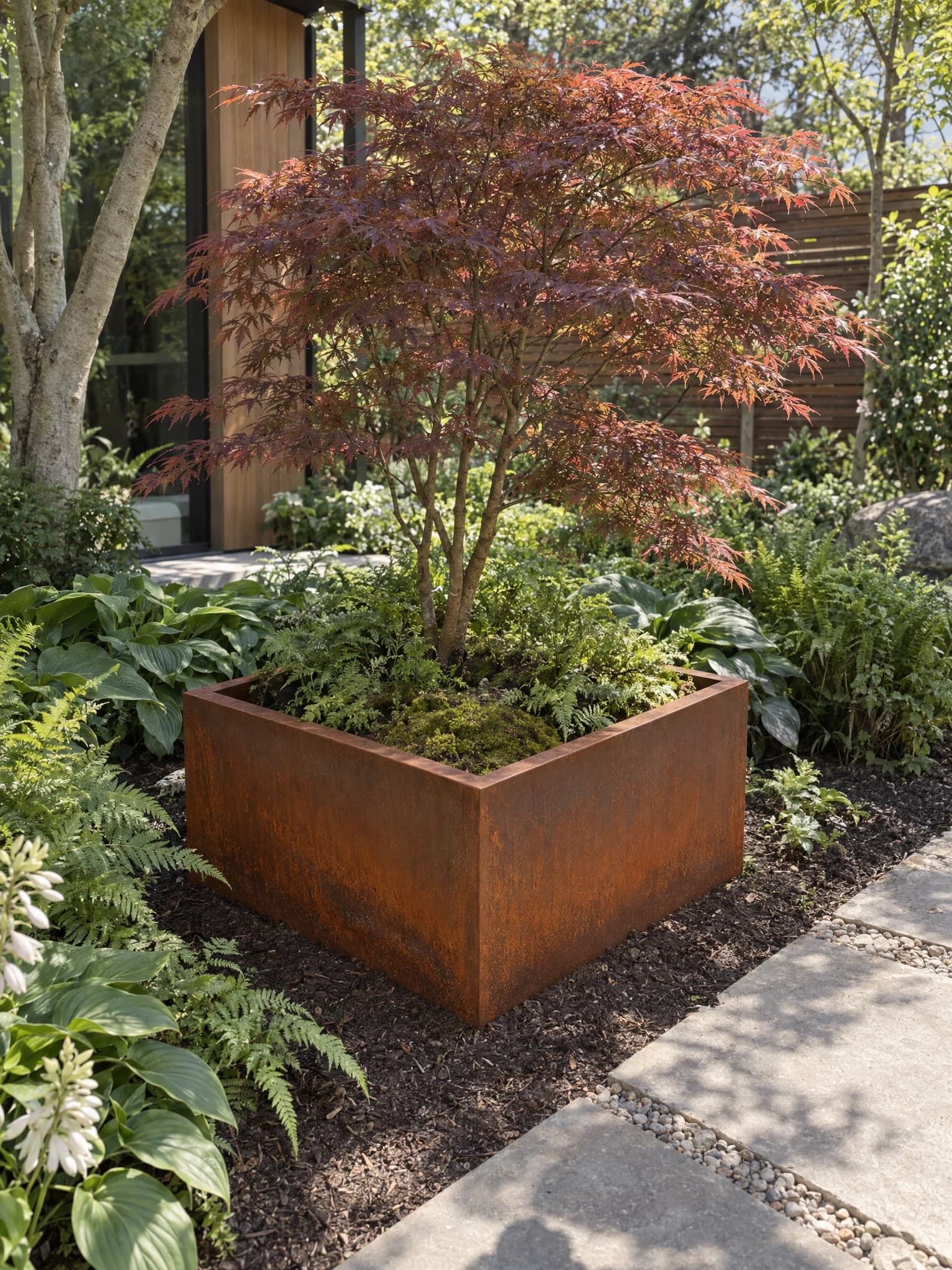 Rhea bottomless square Corten steel planter planted with a Japanese maple and ferns in a garden