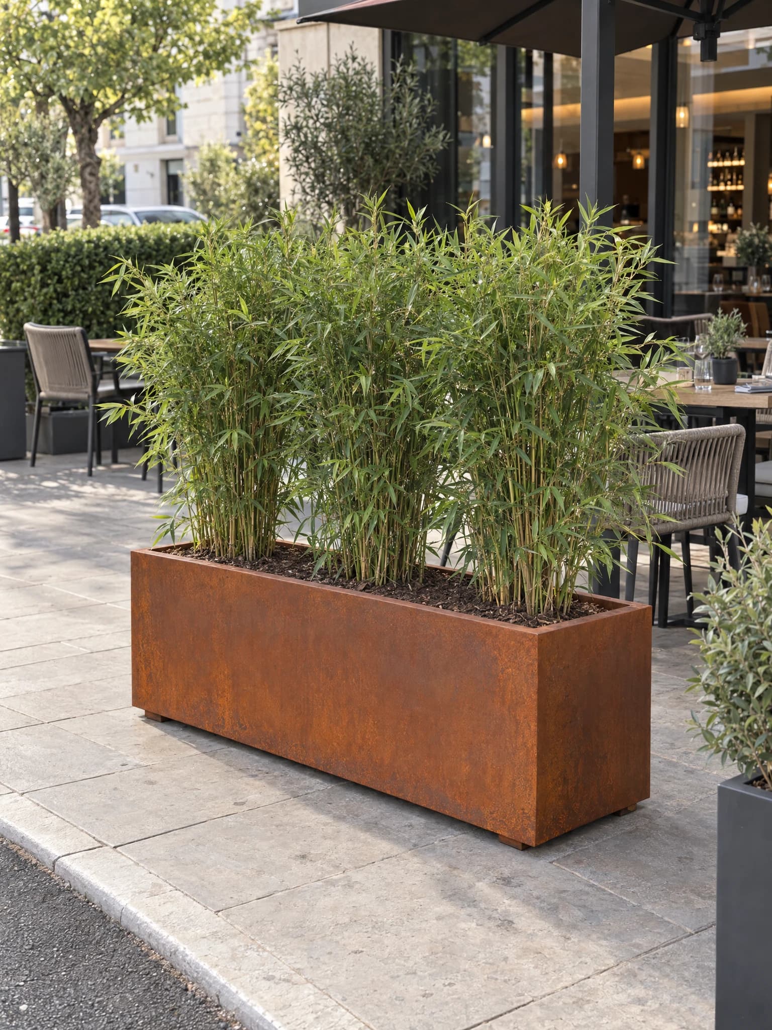 Déméter · Jardinière rectangulaire en acier Corten 2 mm, détail