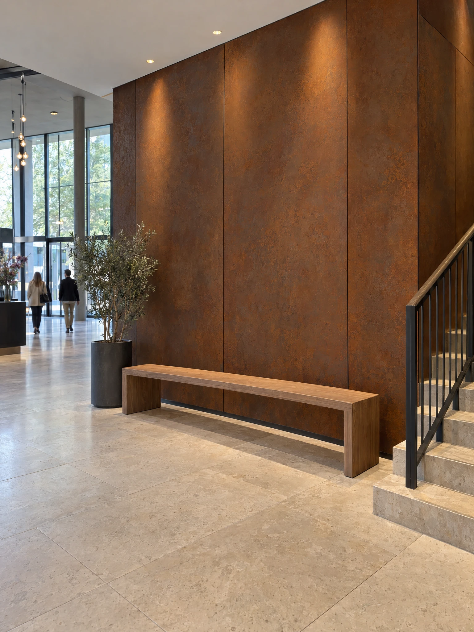 Revestimento de parede por medida em aço Corten num vestíbulo com banco de madeira e escada, imagem gerada por IA