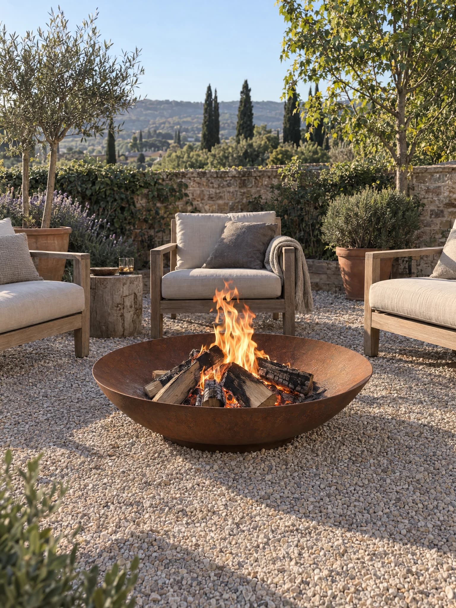Vesta fire bowl in Corten steel, lit, on a bed of gravel, surrounded by wooden and linen armchairs