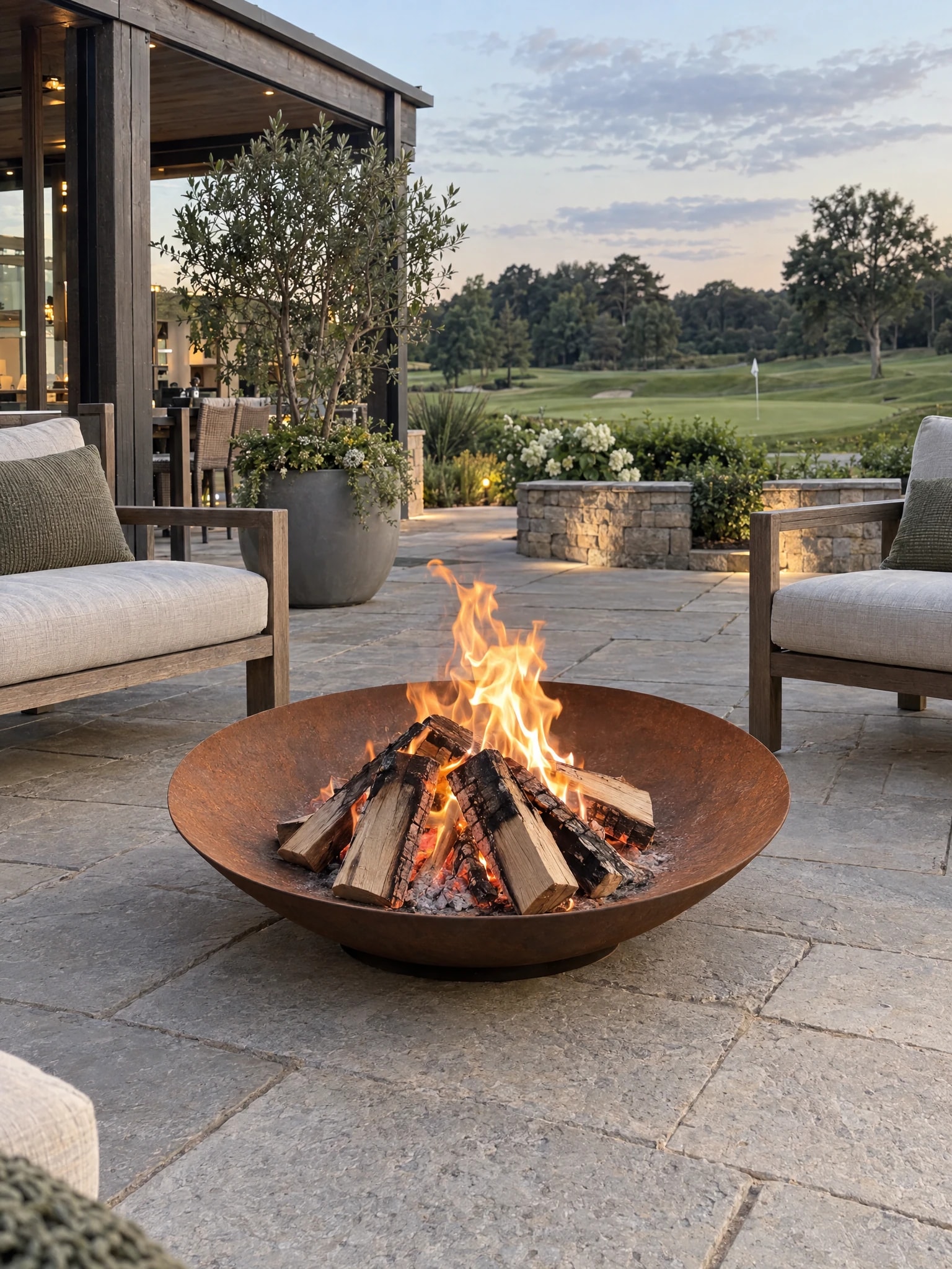 Bol de feu Vesta en acier Corten allumé sur une terrasse dallée entre deux fauteuils, vue sur un golf