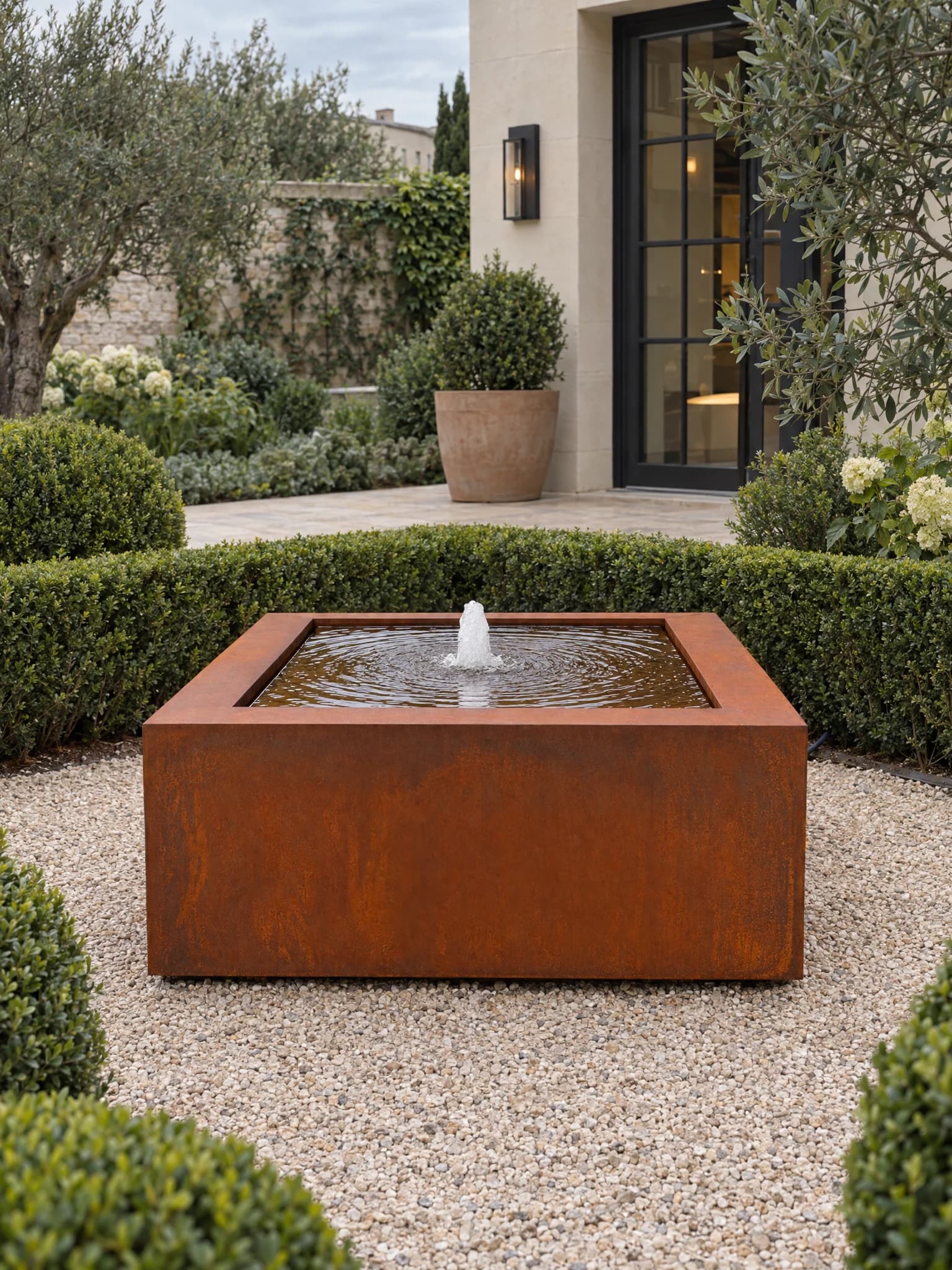 Alban · Fontaine cubique à jet central en acier Corten, détail