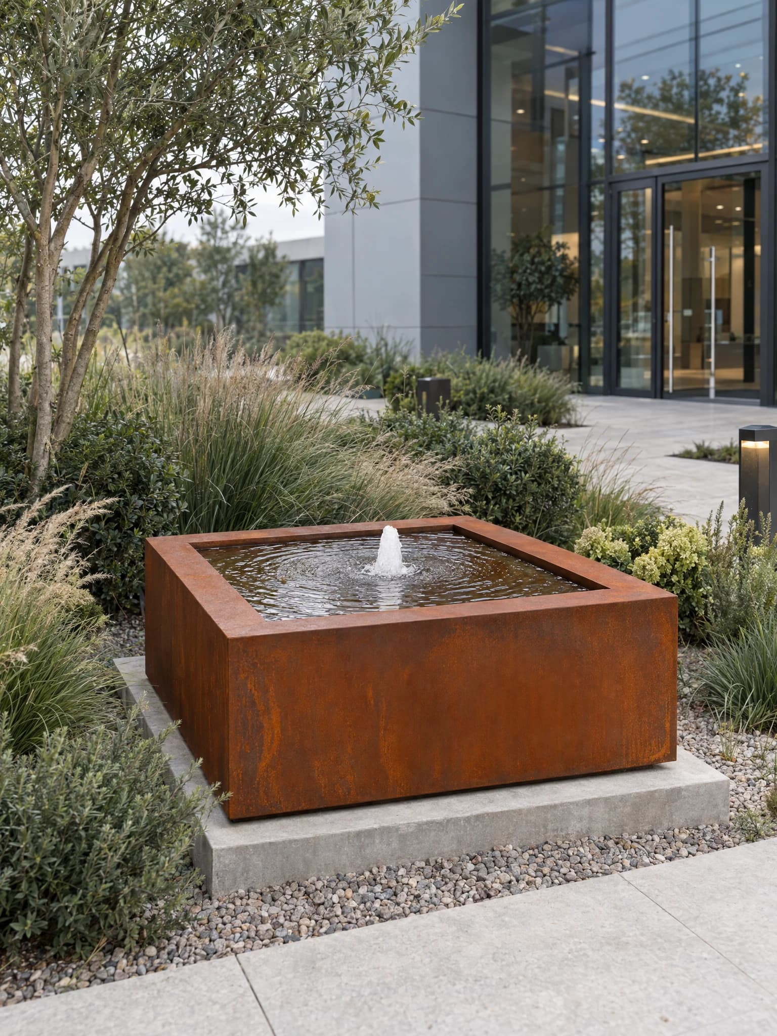 Fontaine carrée Alban en acier Corten avec son jet central, posée sur une dalle de béton au milieu des graminées, devant un bâtiment vitré