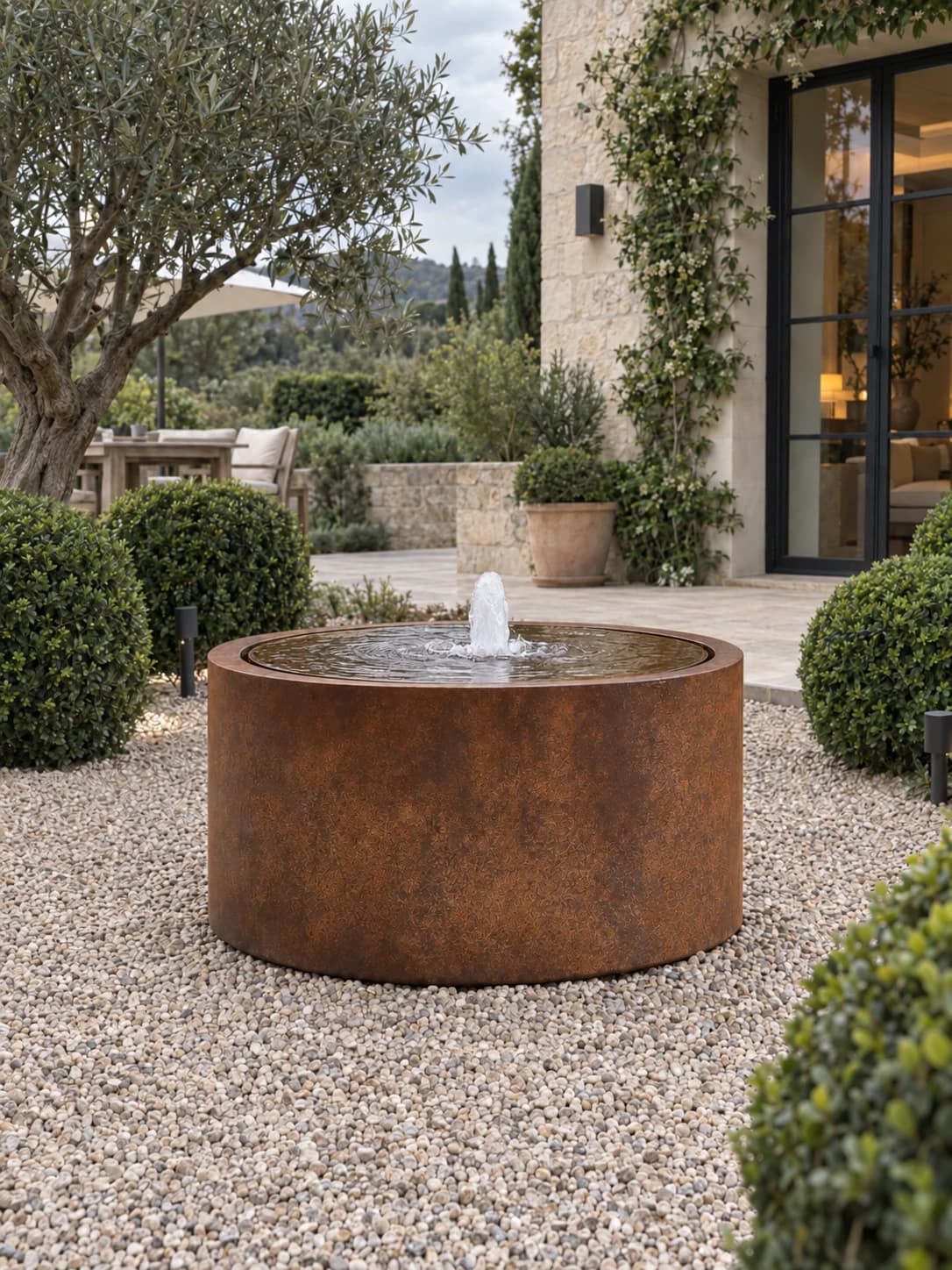 Elio round fountain in Corten steel on a bed of gravel, in front of a stone façade and an olive tree