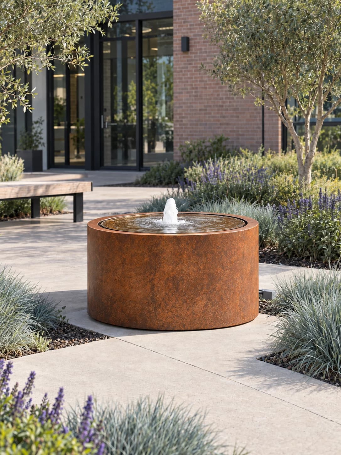Elio · Fontaine cylindrique à débordement en acier Corten, finition