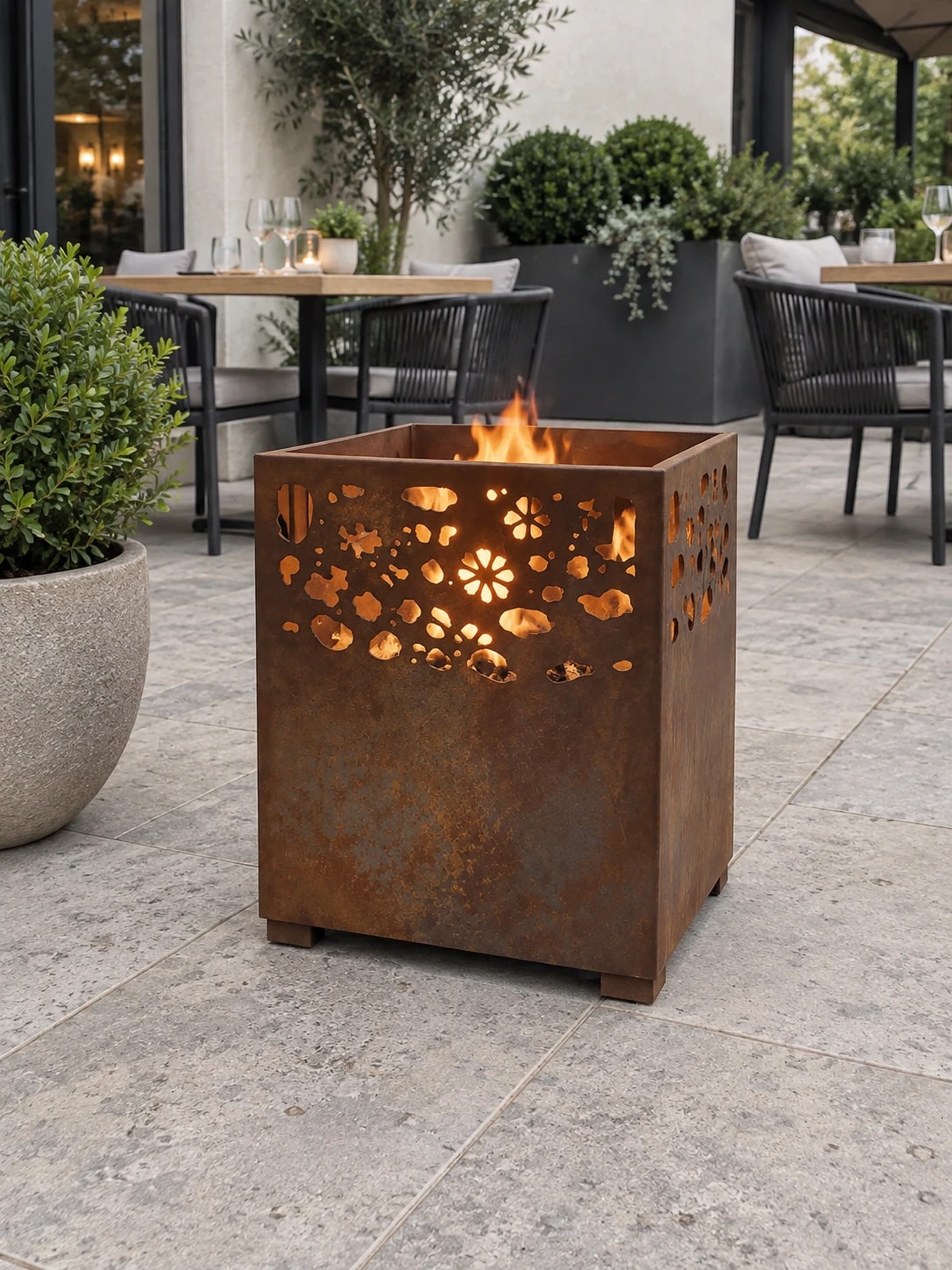 Lanterne Flora en acier Corten allumée sur une terrasse de restaurant dallée, oliviers en pot