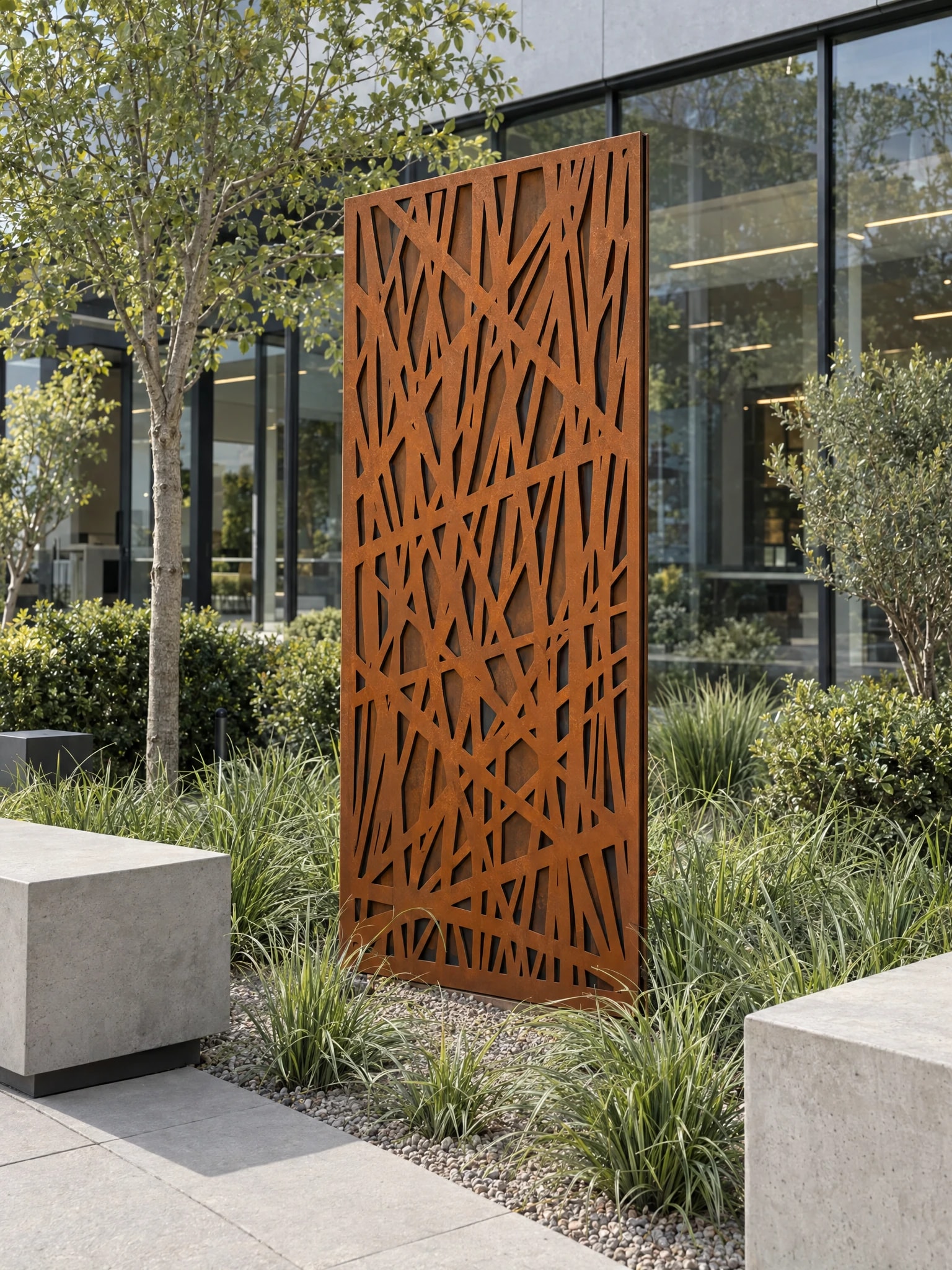 Panneau décoratif Harmattan en acier Corten dans un massif entre des bancs en béton, devant un immeuble de bureaux vitré